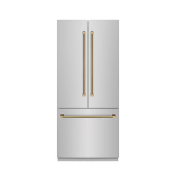 ZLINE 36 in. Built-In French Door Refrigerator 19.6 cu. ft. Bottom Freezer, Water Dispenser, Ice Maker, Stainless Steel, Graphite Gray Interior, Polished Gold Helix Handles (GRBIVZ-30436KG)