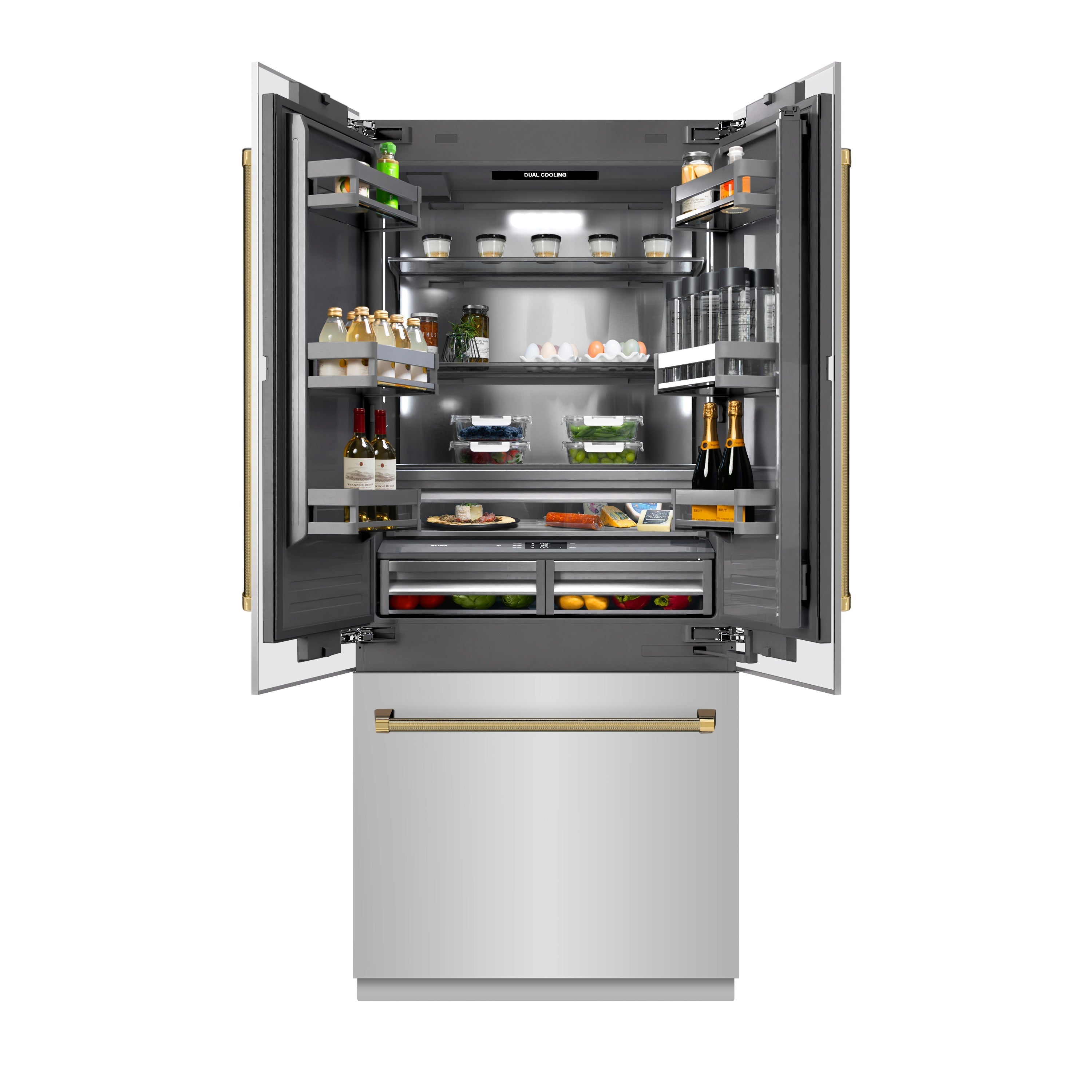 ZLINE 36 in. Built-In French Door Refrigerator 19.6 cu. ft. Bottom Freezer, Water Dispenser, Ice Maker, Stainless Steel, Graphite Gray Interior, Polished Gold Helix Handles (GRBIVZ-30436KG)