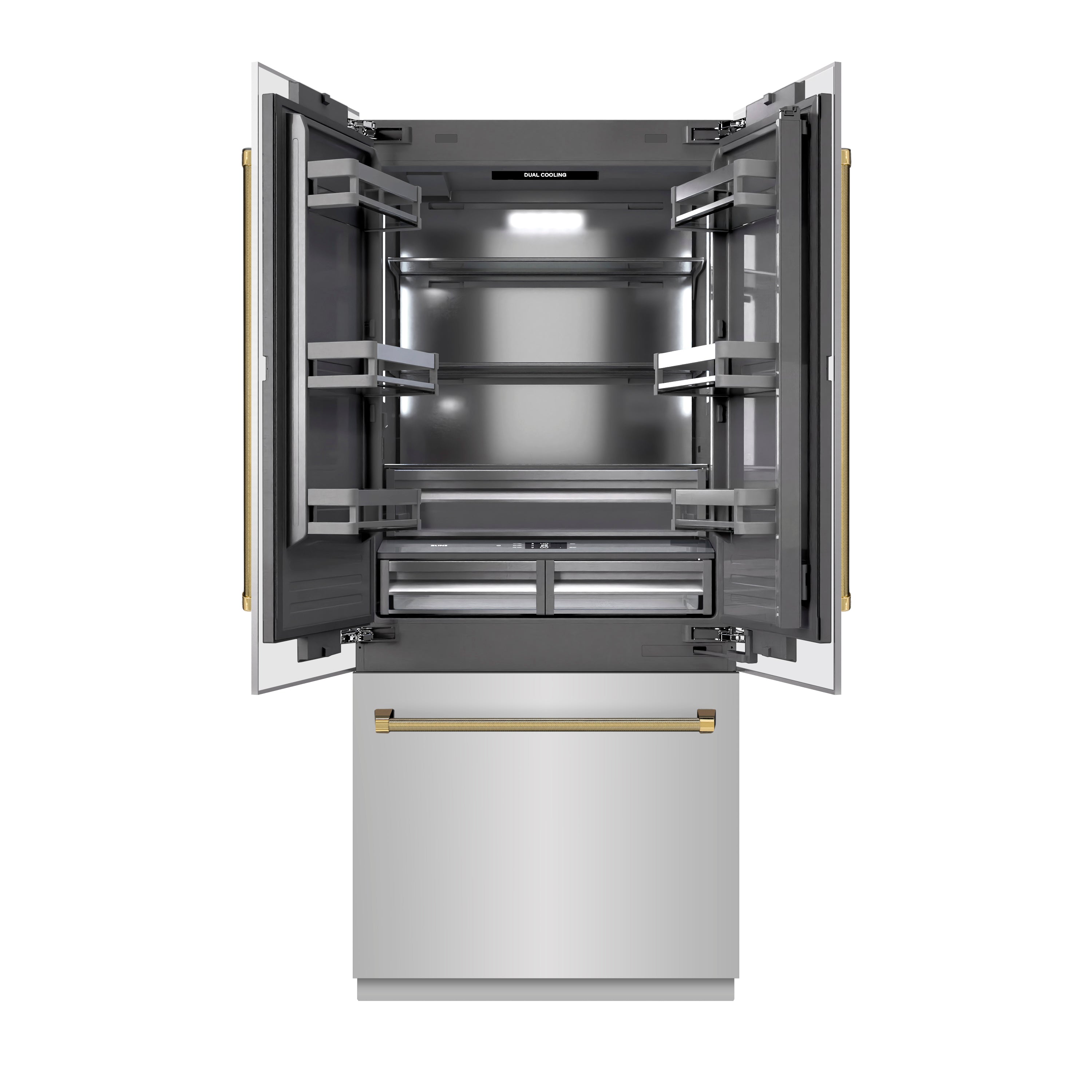 ZLINE 36 in. Built-In French Door Refrigerator 19.6 cu. ft. Bottom Freezer, Water Dispenser, Ice Maker, Stainless Steel, Graphite Gray Interior, Polished Gold Helix Handles (GRBIVZ-30436KG)
