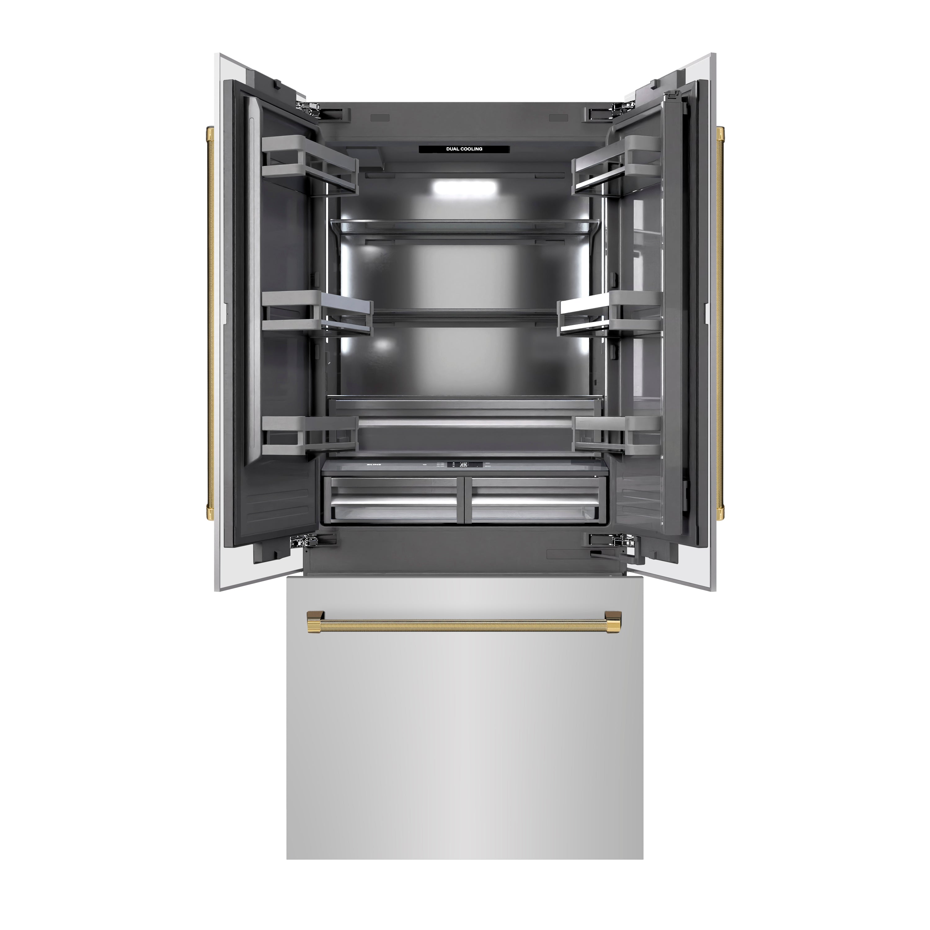 ZLINE 36 in. Built-In French Door Refrigerator 19.6 cu. ft. Bottom Freezer, Water Dispenser, Ice Maker, Stainless Steel, Graphite Gray Interior, Polished Gold Helix Handles (GRBIVZ-30436KG)