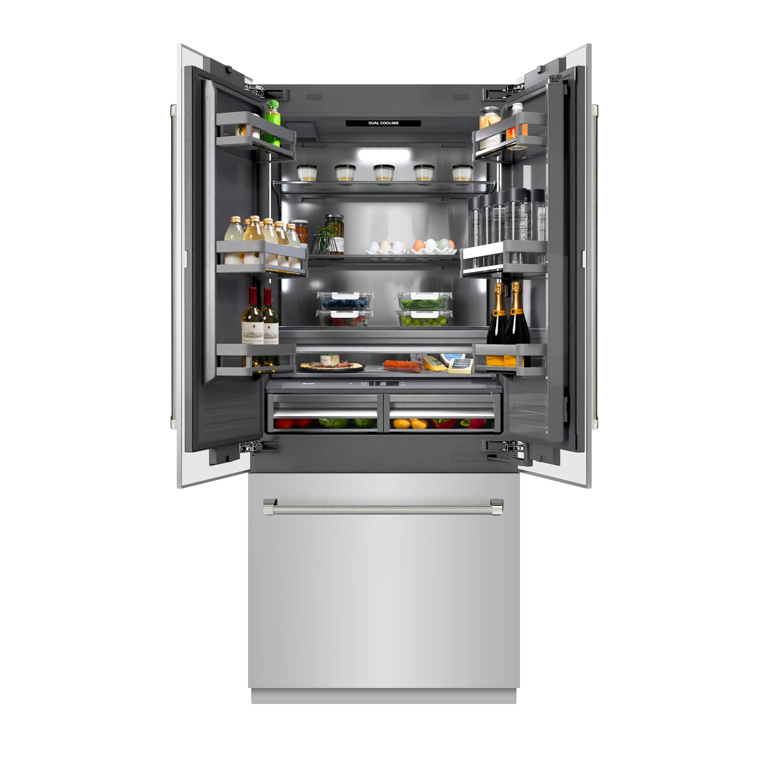 ZLINE 36 in. French Door Built-In Bottom Freezer Refrigerator 19.6 cu. ft. with Water Dispenser, Ice Maker, Graphite Gray Interior, Polished Nickel Helix Handles (GRBIVZ-30436KPN)