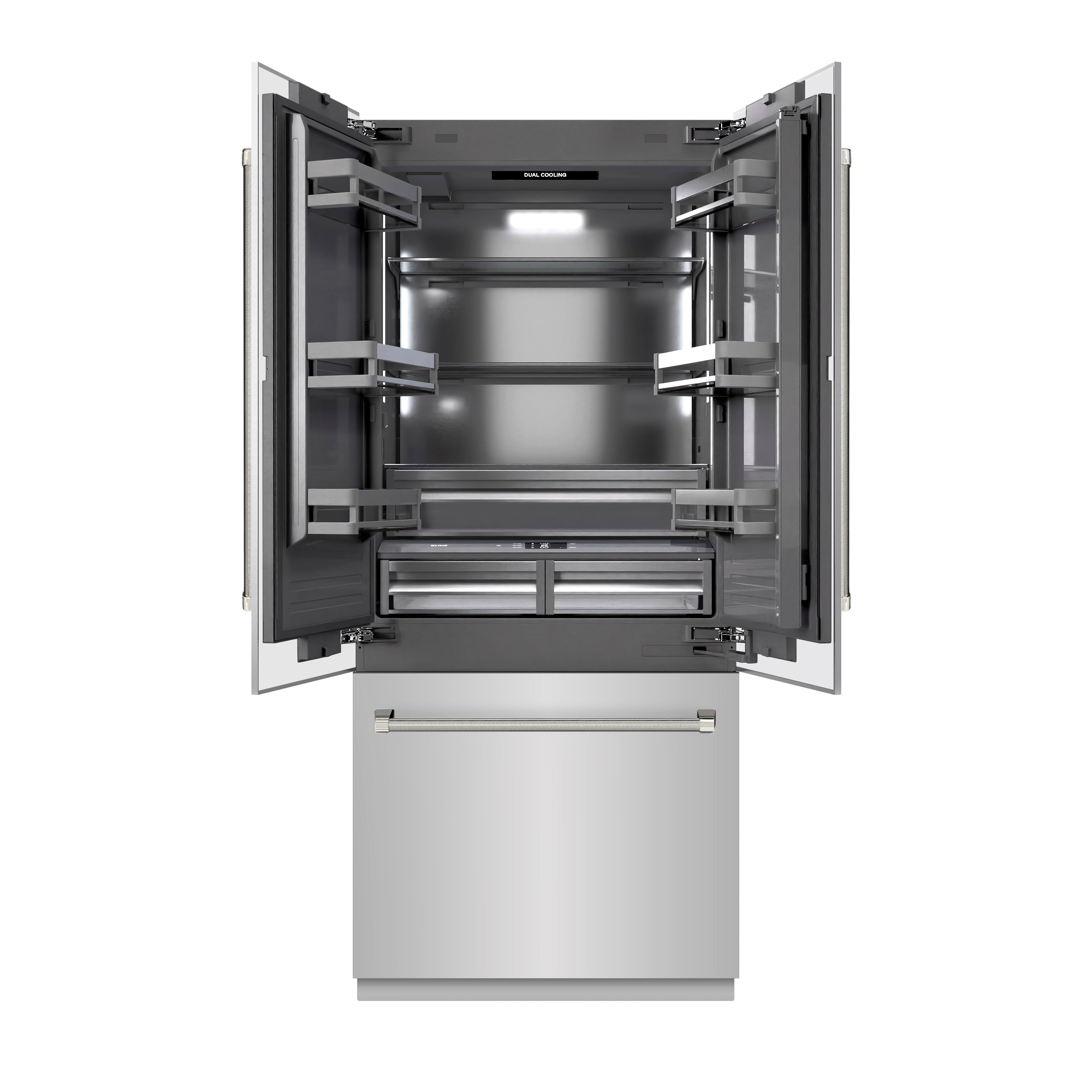 ZLINE 36 in. French Door Built-In Bottom Freezer Refrigerator 19.6 cu. ft. with Water Dispenser, Ice Maker, Graphite Gray Interior, Polished Nickel Helix Handles (GRBIVZ-30436KPN)