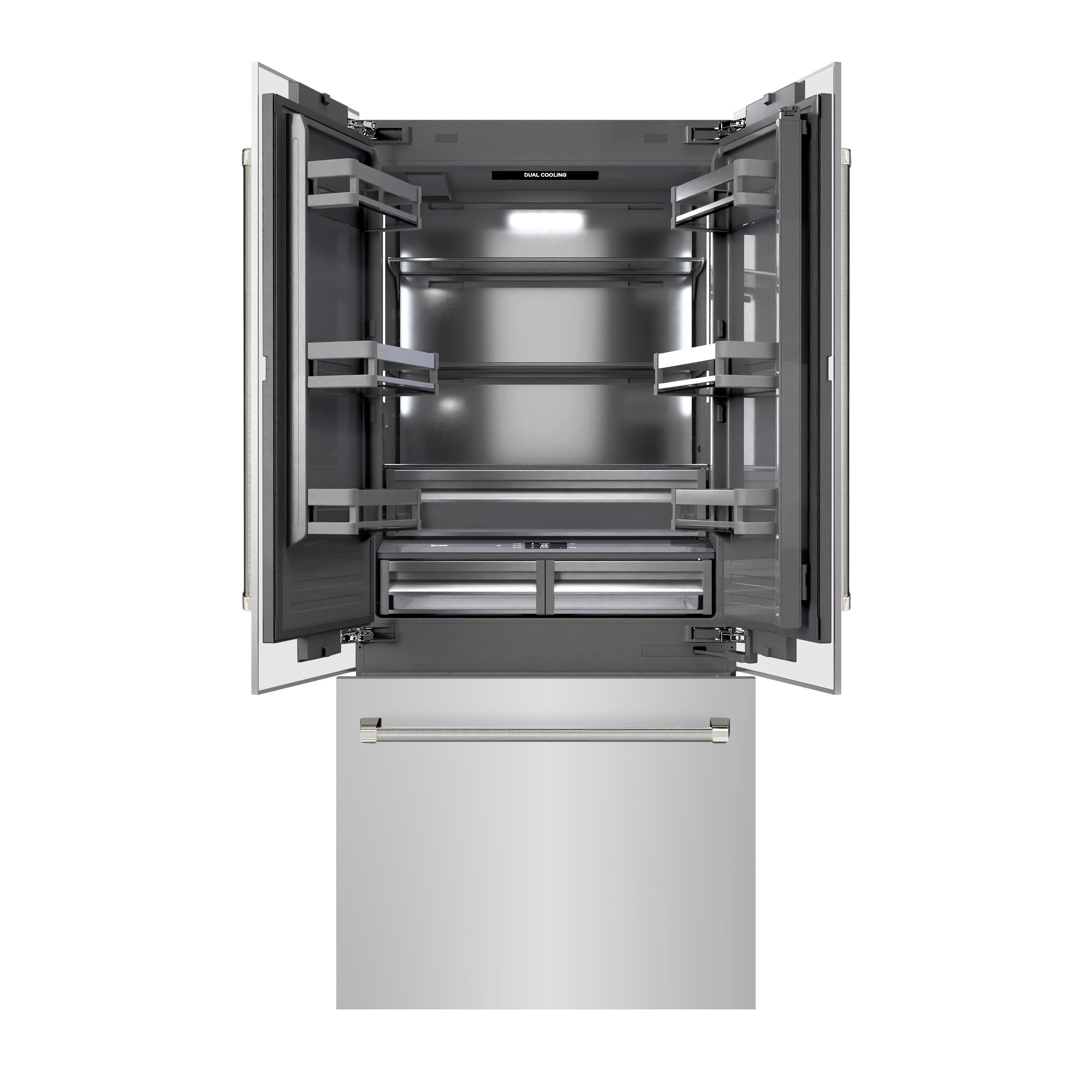 ZLINE 36 in. French Door Built-In Bottom Freezer Refrigerator 19.6 cu. ft. with Water Dispenser, Ice Maker, Graphite Gray Interior, Polished Nickel Helix Handles (GRBIVZ-30436KPN)