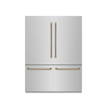 ZLINE 60 in. French Door Built-In Bottom Freezer Refrigerator 32.2 cu. ft. Water Dispenser Ice Maker Stainless Steel Graphite Gray Interior Polished Gold Helix Handles (GRBIVZ-30460KG)
