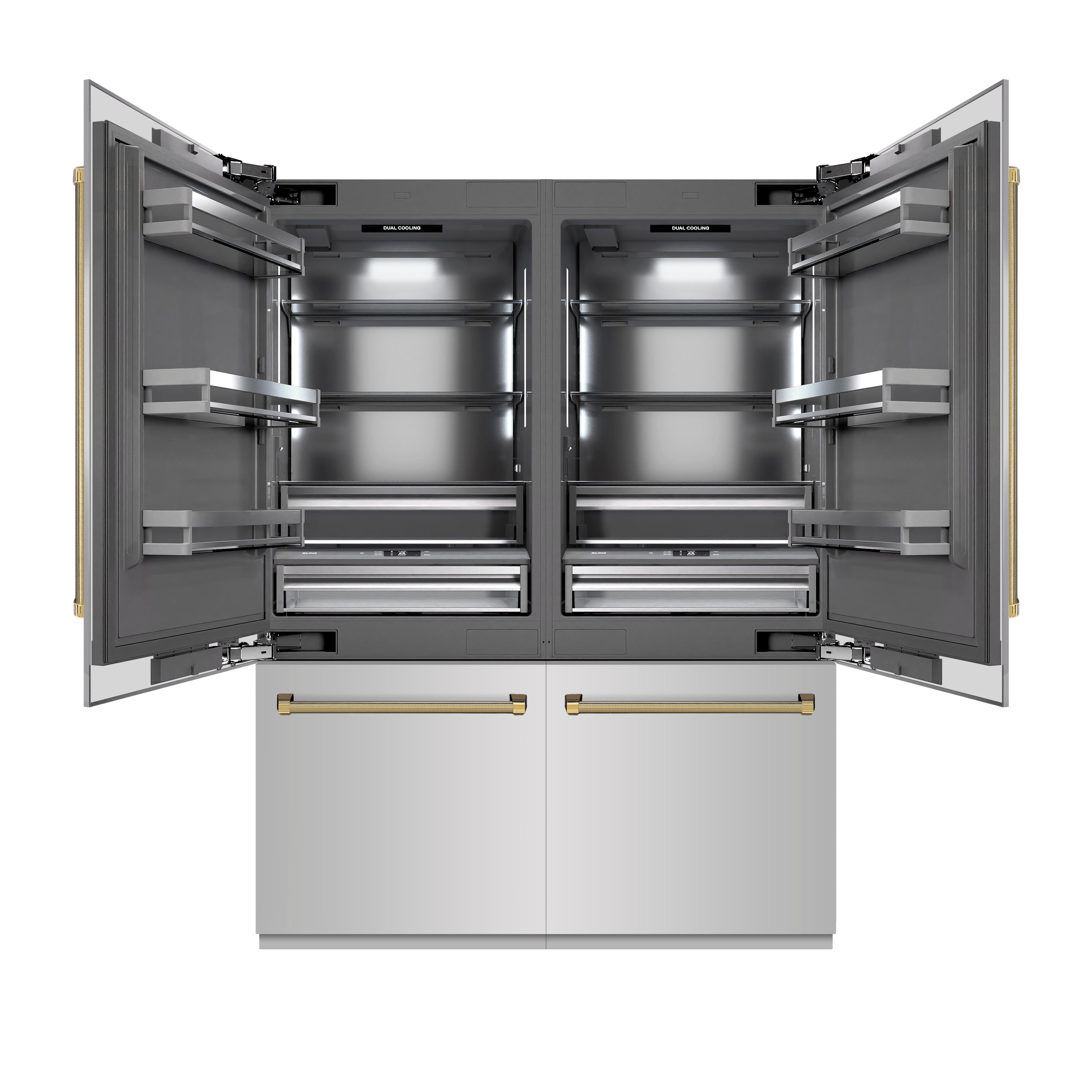 ZLINE 60 in. French Door Built-In Bottom Freezer Refrigerator 32.2 cu. ft. Water Dispenser Ice Maker Stainless Steel Graphite Gray Interior Polished Gold Helix Handles (GRBIVZ-30460KG)
