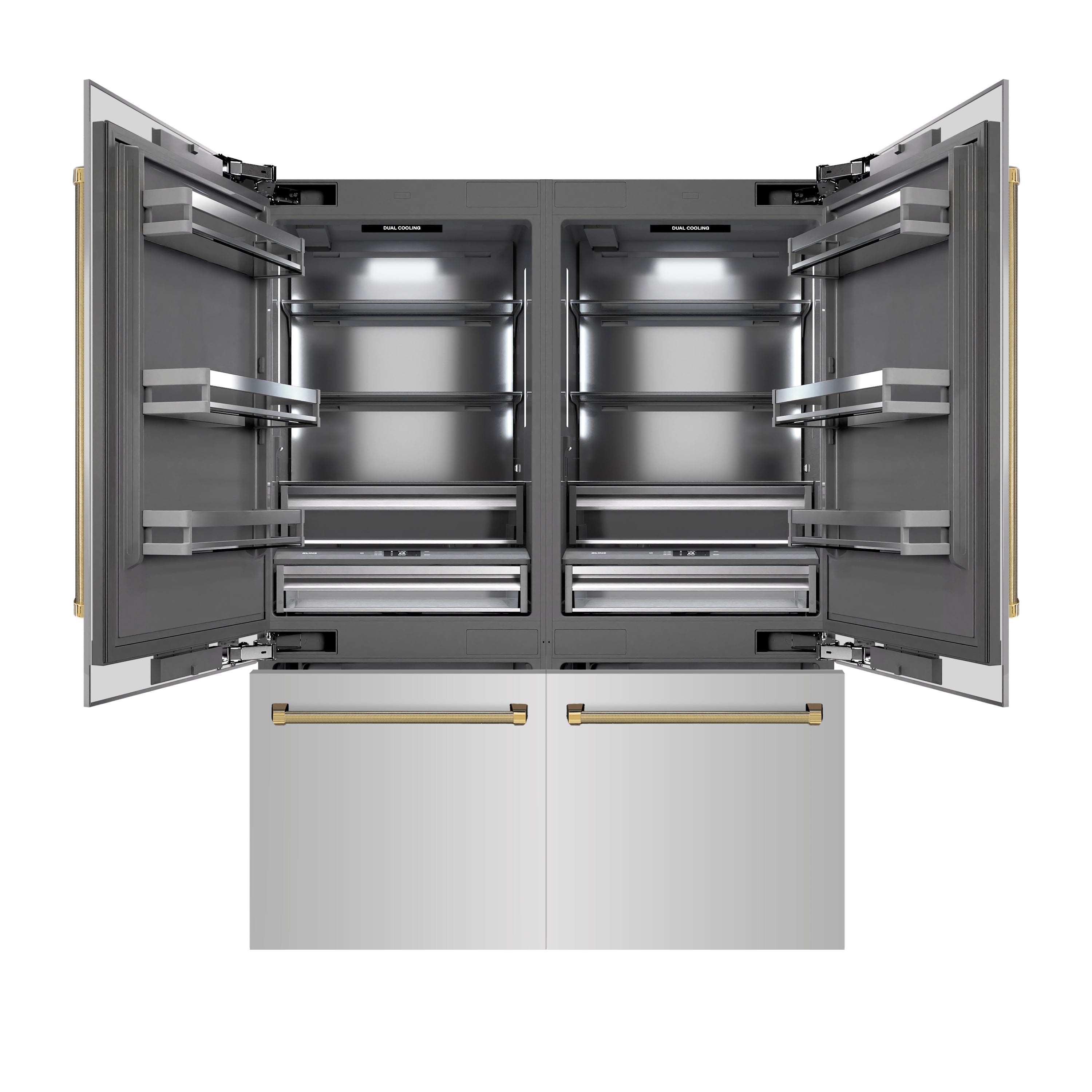 ZLINE 60 in. French Door Built-In Bottom Freezer Refrigerator 32.2 cu. ft. Water Dispenser Ice Maker Stainless Steel Graphite Gray Interior Polished Gold Helix Handles (GRBIVZ-30460KG)