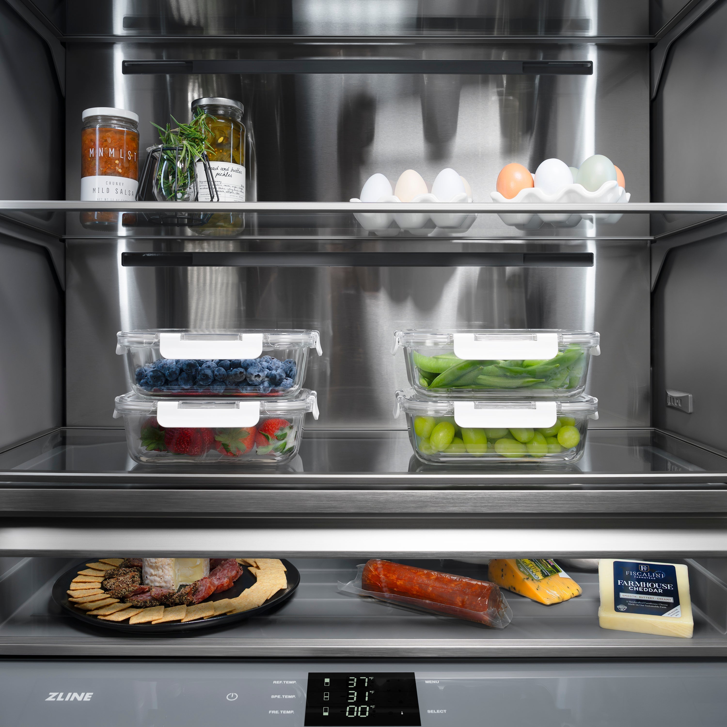ZLINE 60 in. French Door Built-In Bottom Freezer Refrigerator 32.2 cu. ft. Stainless Steel Graphite Gray Interior Water Dispenser Ice Maker Polished Nickel Helix Handles (GRBIVZ-30460KPN)