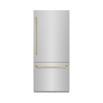 ZLINE 36 in Built-In Bottom Freezer Refrigerator 19.8 cu. ft. Water Dispenser Ice Maker Stainless Steel Champagne Bronze Accents (RBITZ-304-36CB)