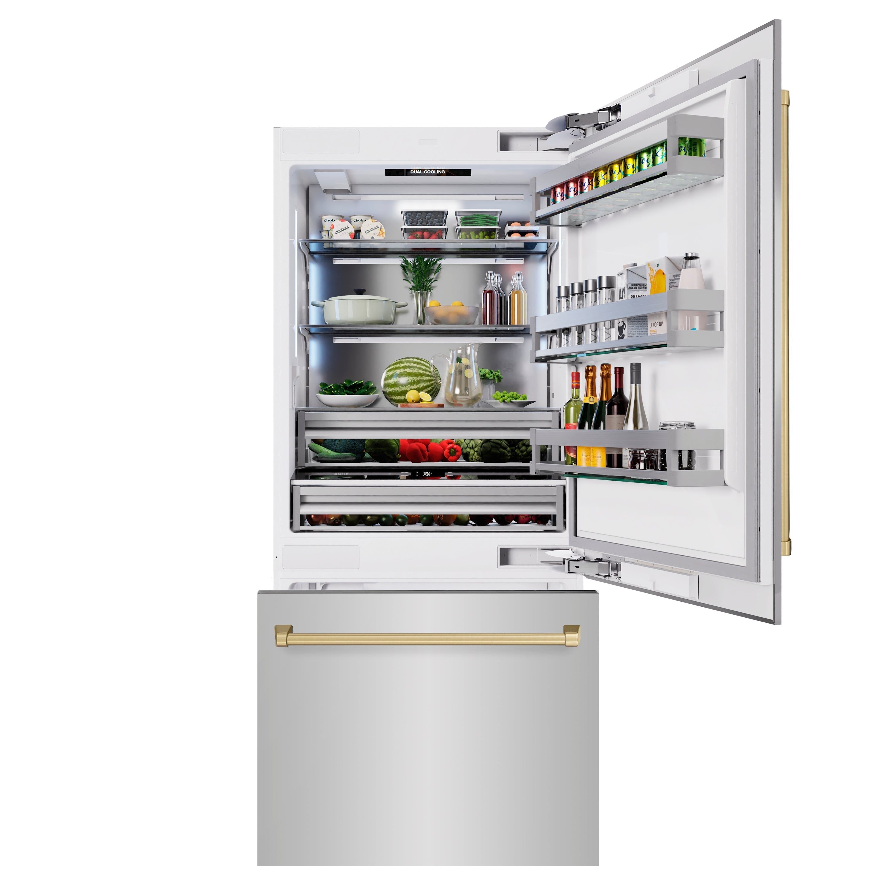 ZLINE 36 in Built-In Bottom Freezer Refrigerator 19.8 cu. ft. Water Dispenser Ice Maker Stainless Steel Champagne Bronze Accents (RBITZ-304-36CB)