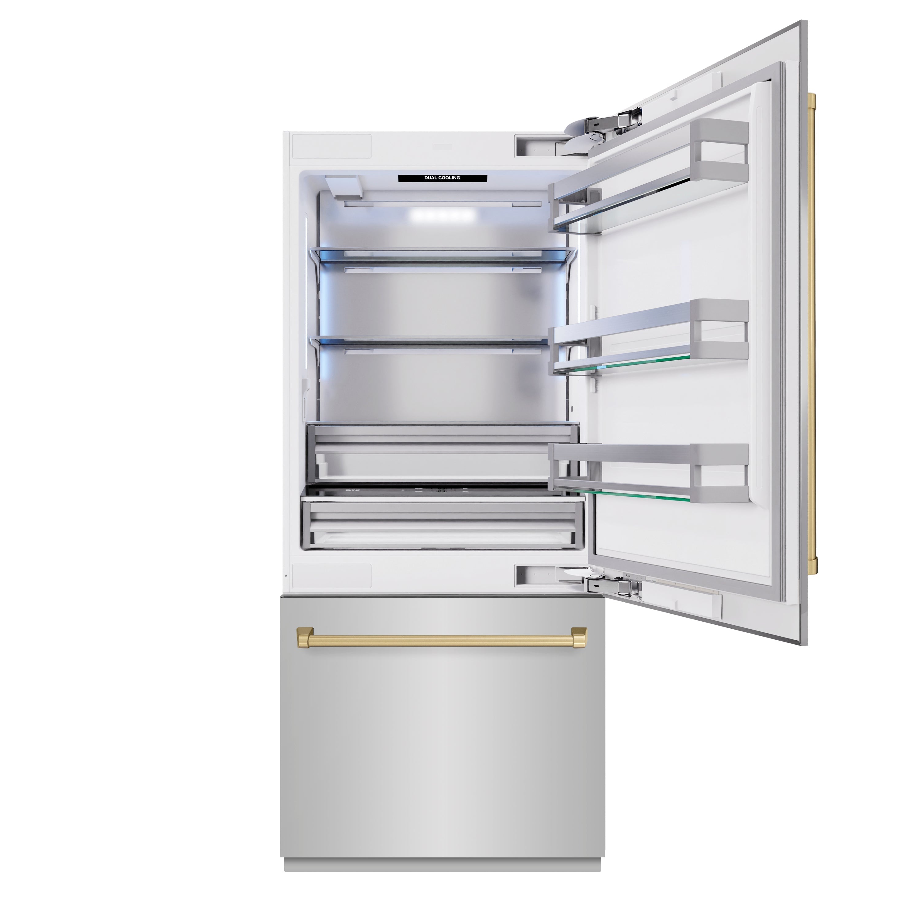 ZLINE 36 in Built-In Bottom Freezer Refrigerator 19.8 cu. ft. Water Dispenser Ice Maker Stainless Steel Champagne Bronze Accents (RBITZ-304-36CB)