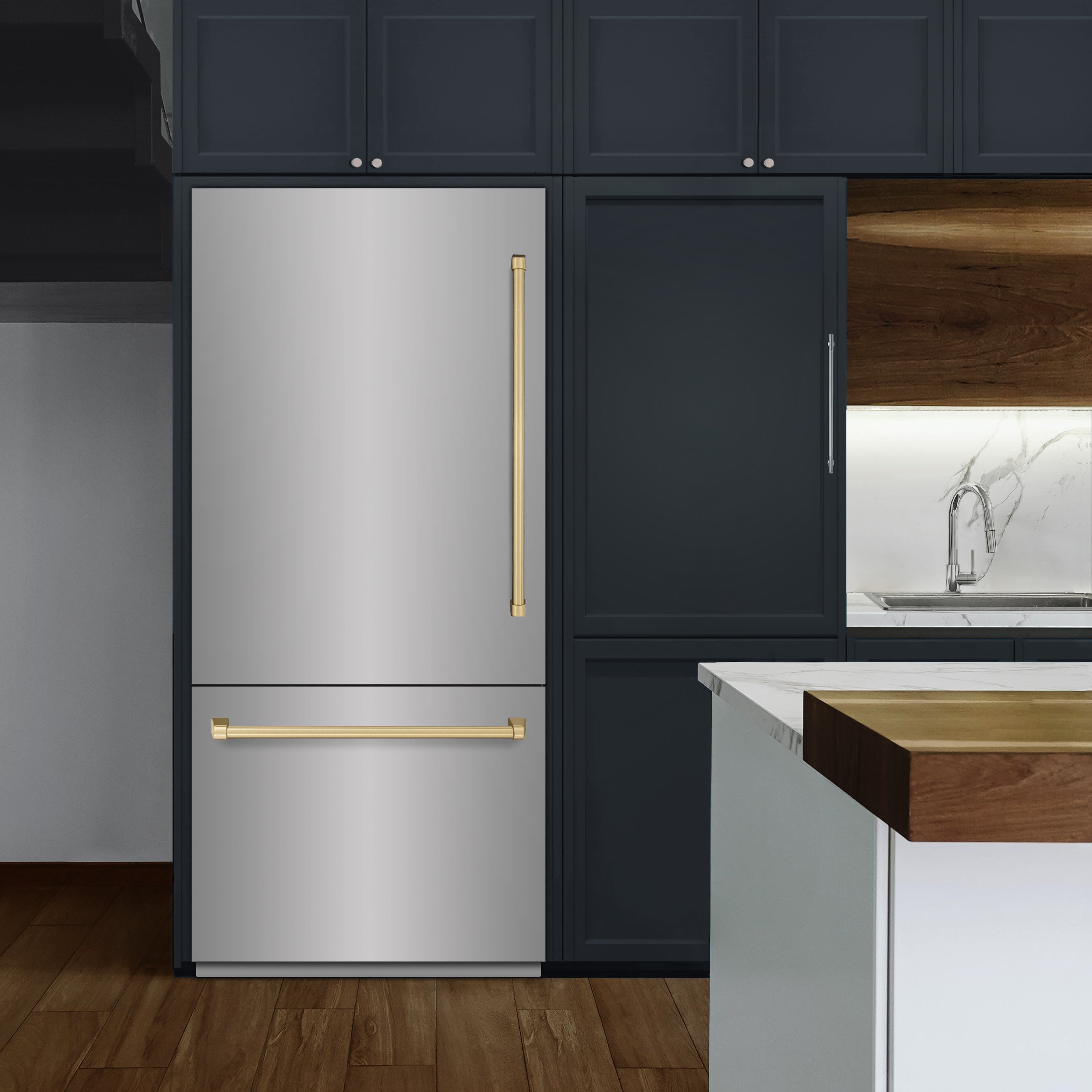 ZLINE 36 in Built-In Bottom Freezer Refrigerator 19.8 cu. ft. Water Dispenser Ice Maker Stainless Steel Champagne Bronze Accents (RBITZ-304-36CB)