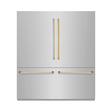 ZLINE 72 in. Built-In French Door Bottom Freezer Refrigerator 39.6 cu. ft. Stainless Steel with Water Dispensers, Ice Makers & Polished Gold Accents (RBITZ-304-72G)