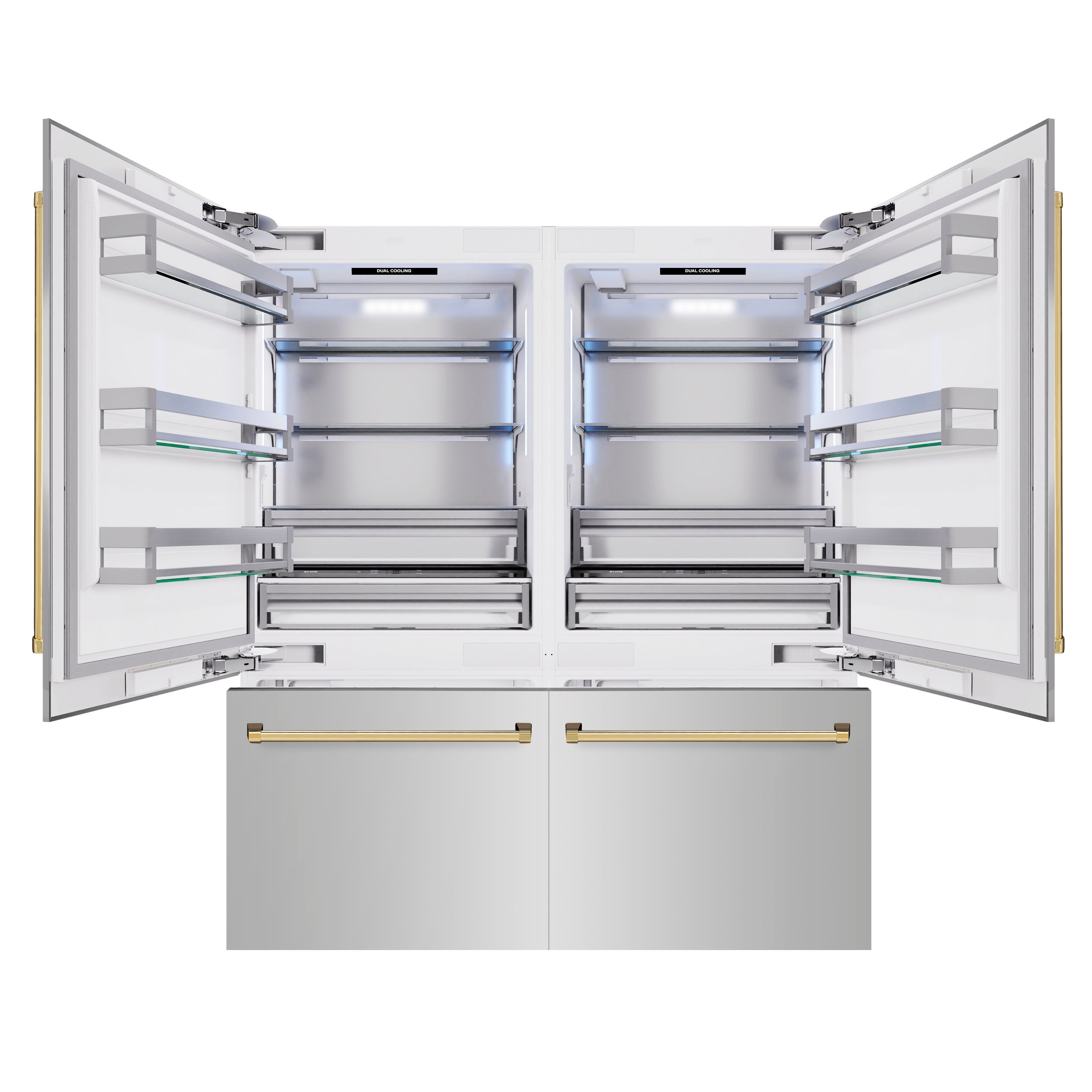 ZLINE 72 in. Built-In French Door Bottom Freezer Refrigerator 39.6 cu. ft. Stainless Steel with Water Dispensers, Ice Makers & Polished Gold Accents (RBITZ-304-72G)