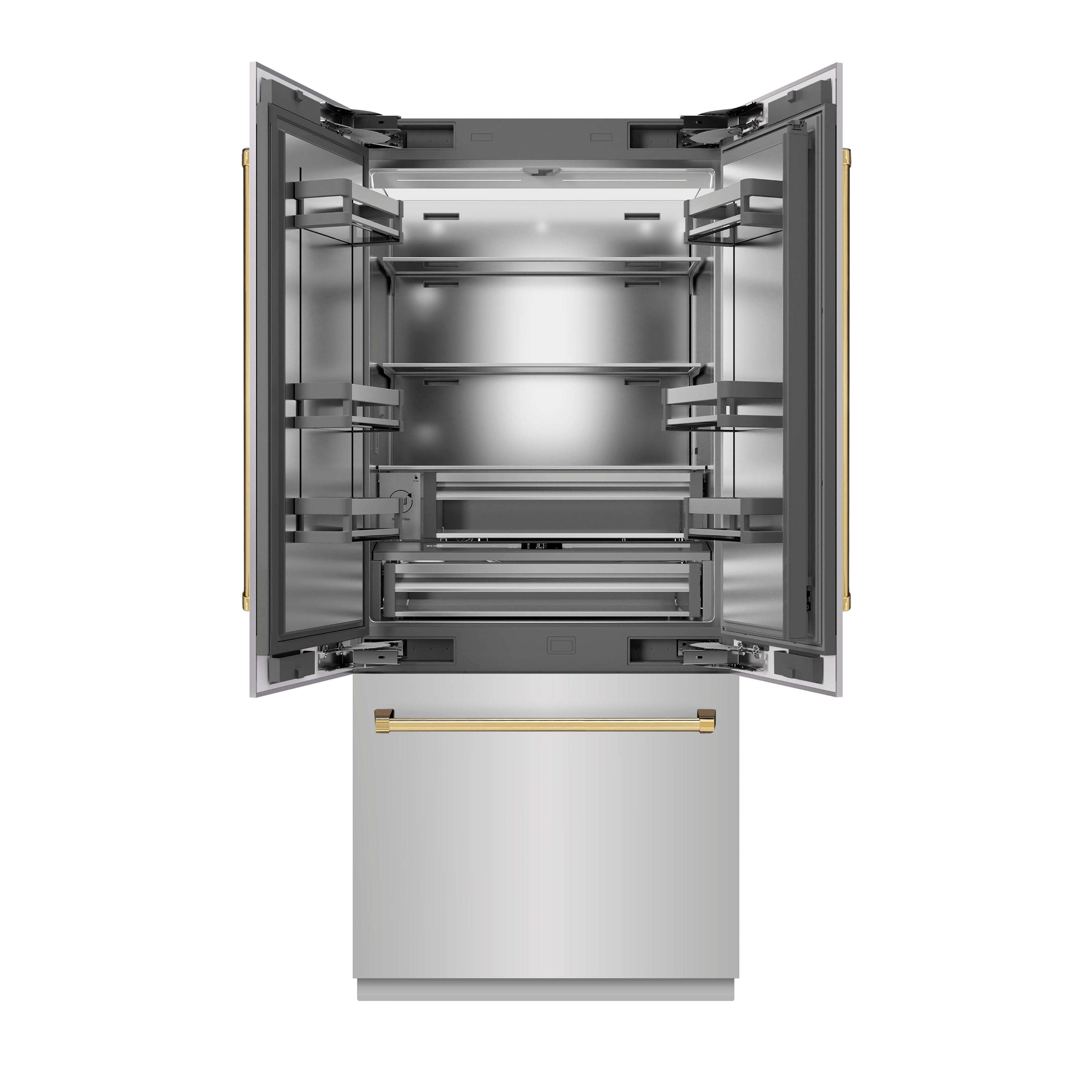 ZLINE 36 in. Built-In French Door Refrigerator 19.6 Cu. Ft. Stainless Steel Water Dispenser Ice Maker Polished Gold Accents (SRBIVZ-304-36G)