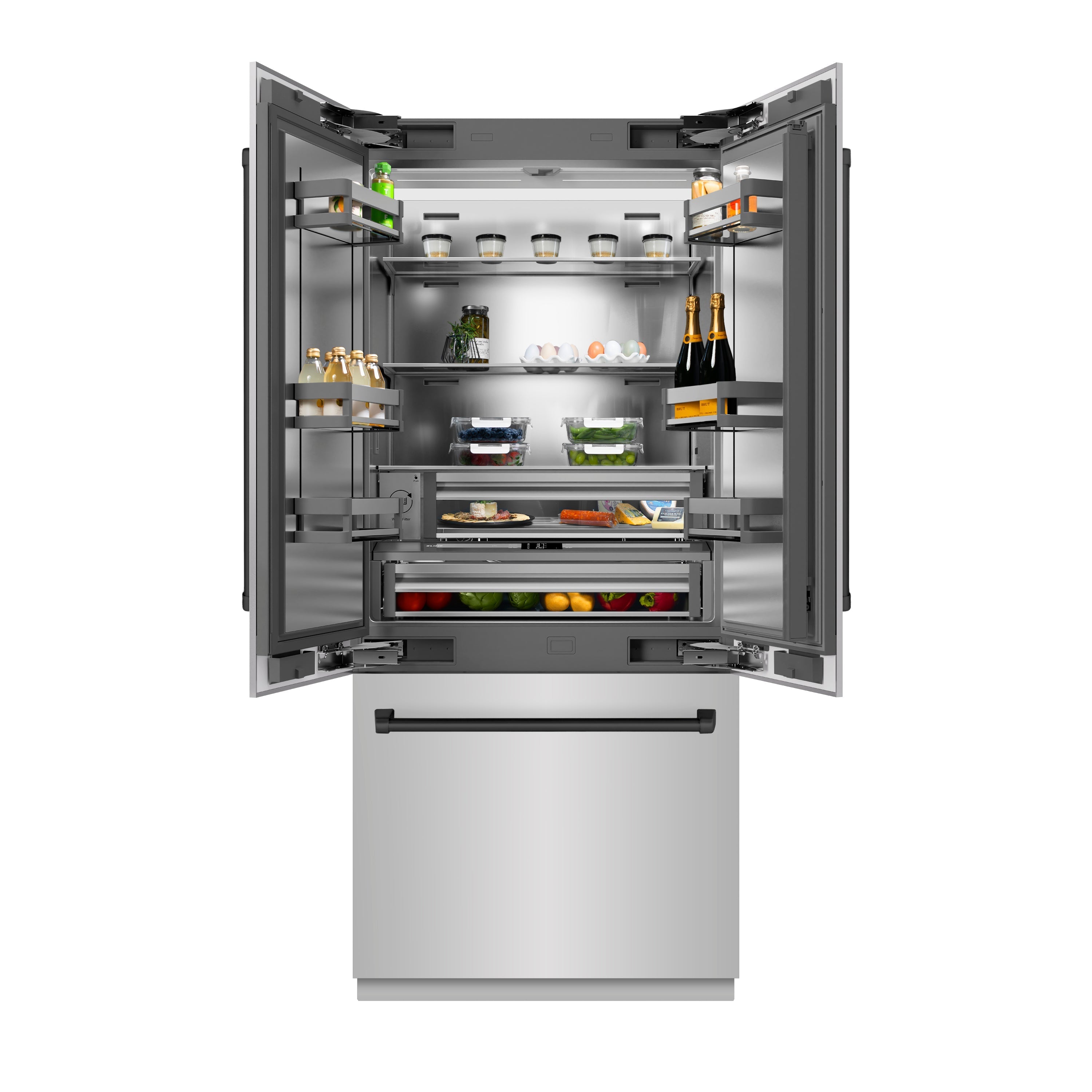 ZLINE 36 in. Built-In French Door Bottom Freezer Refrigerator, 19.6 cu. ft., Water Dispenser, Ice Maker, Stainless Steel Interior, Matte Black Accents (SRBIVZ-304-36MB)