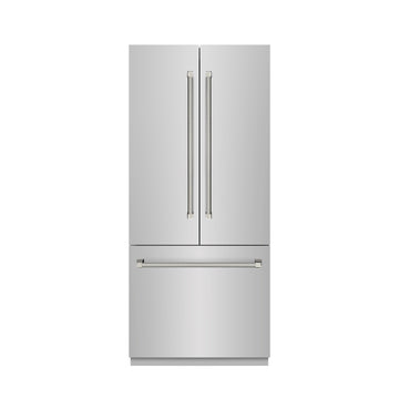 ZLINE 36 in. French Door Built-In Bottom Freezer Refrigerator 19.6 cu. ft. Stainless Steel Interior Water Dispenser Ice Maker Polished Nickel Helix Handles (SRBIVZ-30436KPN)