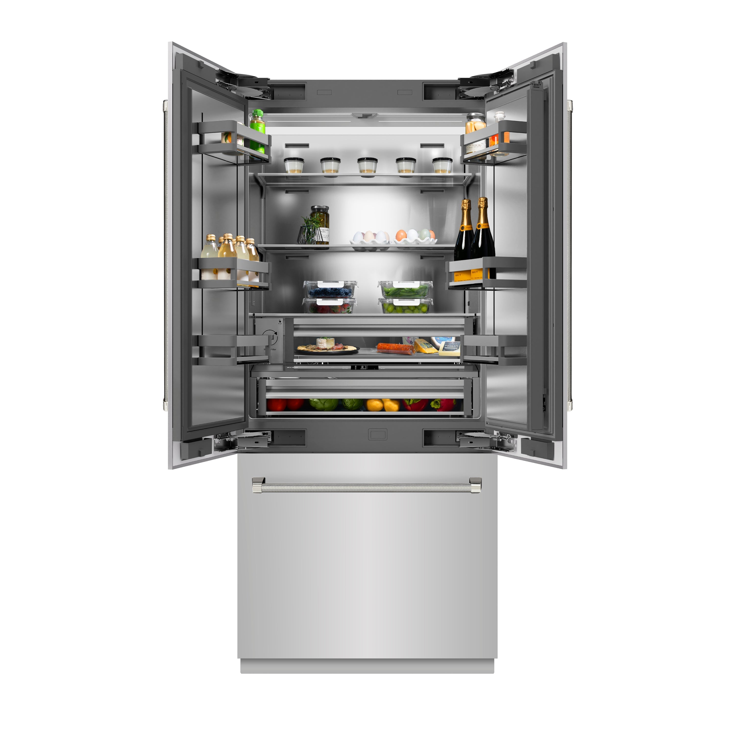 ZLINE 36 in. French Door Built-In Bottom Freezer Refrigerator 19.6 cu. ft. Stainless Steel Interior Water Dispenser Ice Maker Polished Nickel Helix Handles (SRBIVZ-30436KPN)