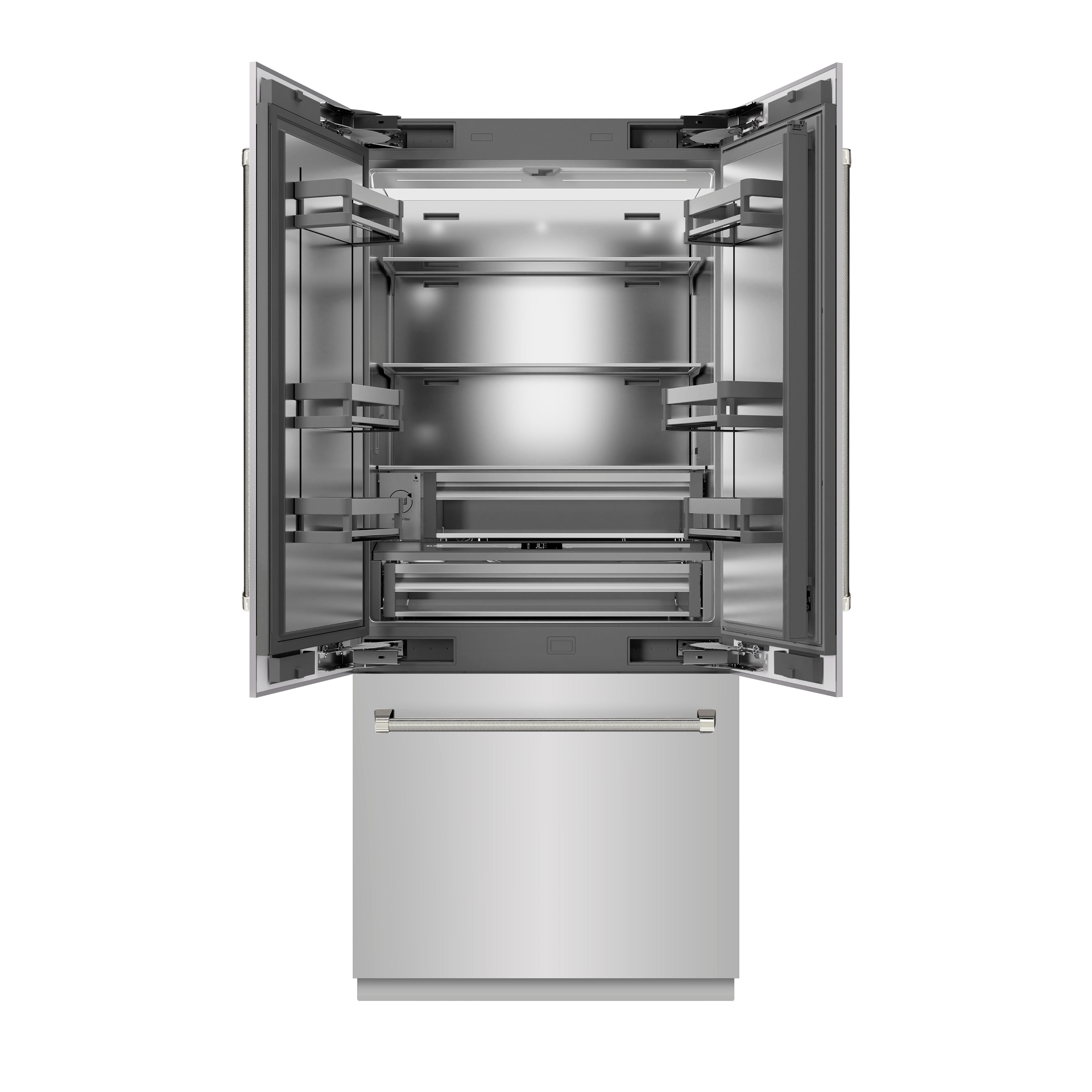 ZLINE 36 in. French Door Built-In Bottom Freezer Refrigerator 19.6 cu. ft. Stainless Steel Interior Water Dispenser Ice Maker Polished Nickel Helix Handles (SRBIVZ-30436KPN)