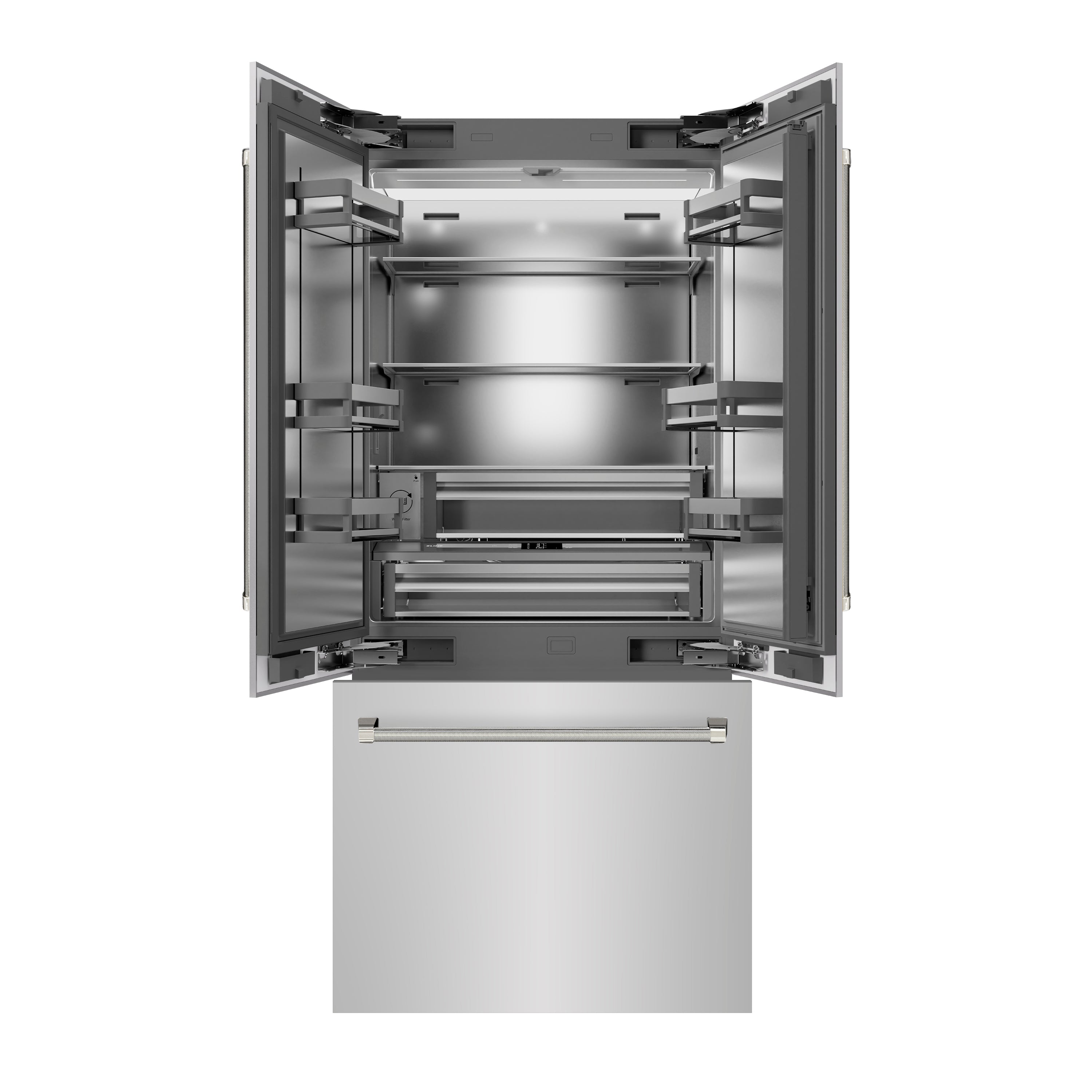 ZLINE 36 in. French Door Built-In Bottom Freezer Refrigerator 19.6 cu. ft. Stainless Steel Interior Water Dispenser Ice Maker Polished Nickel Helix Handles (SRBIVZ-30436KPN)