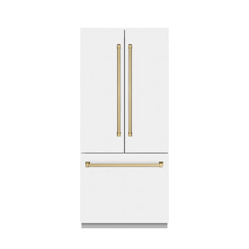 ZLINE 36 in. French Door Built-In Bottom Freezer Refrigerator 19.6 Cu. Ft. Water Dispenser Ice Maker White Matte Graphite Gray Interior Champagne Bronze Accents (GRBIVZ-WM-36-CB)