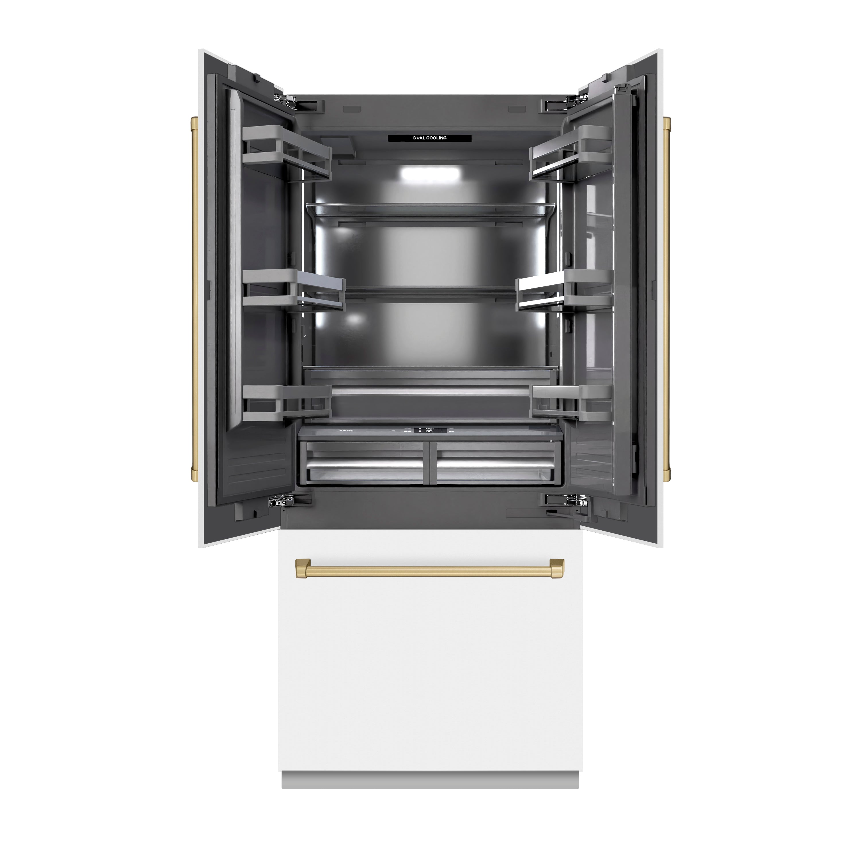 ZLINE 36 in. French Door Built-In Bottom Freezer Refrigerator 19.6 Cu. Ft. Water Dispenser Ice Maker White Matte Graphite Gray Interior Champagne Bronze Accents (GRBIVZ-WM-36-CB)