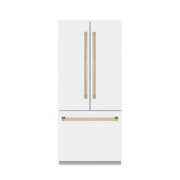 ZLINE 36 in. French Door Built-In Bottom Freezer Refrigerator 19.6 cu. ft. Water Dispenser Ice Maker White Matte Graphite Gray Interior Polished Gold Accents (GRBIVZ-WM-36-G)