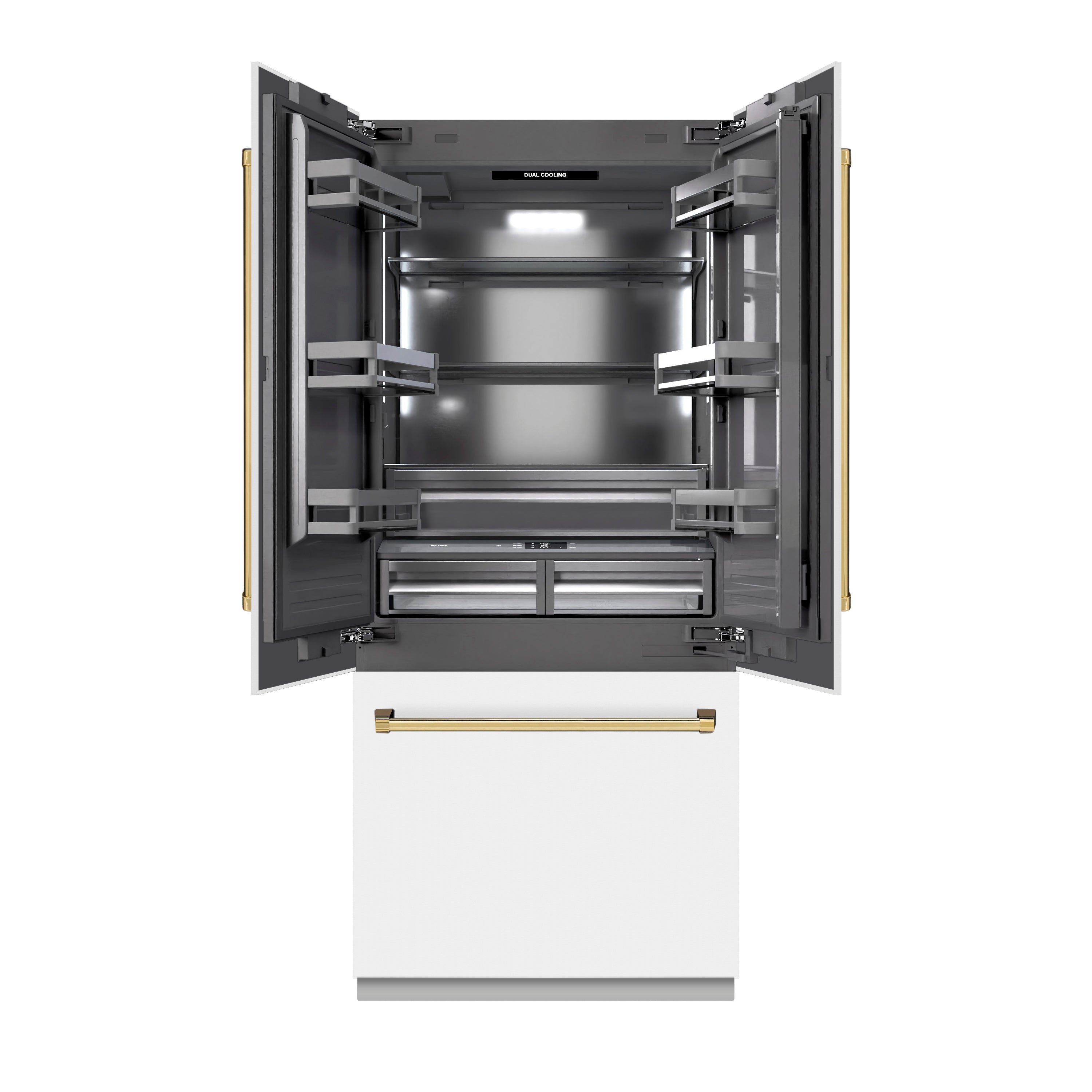 ZLINE 36 in. French Door Built-In Bottom Freezer Refrigerator 19.6 cu. ft. Water Dispenser Ice Maker White Matte Graphite Gray Interior Polished Gold Accents (GRBIVZ-WM-36-G)