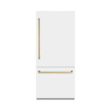 ZLINE 36 in. Built-In Bottom Freezer Refrigerator 19.8 cu. ft. Water Dispenser Ice Maker White Matte Champagne Bronze (RBITZ-WM-36-CB)