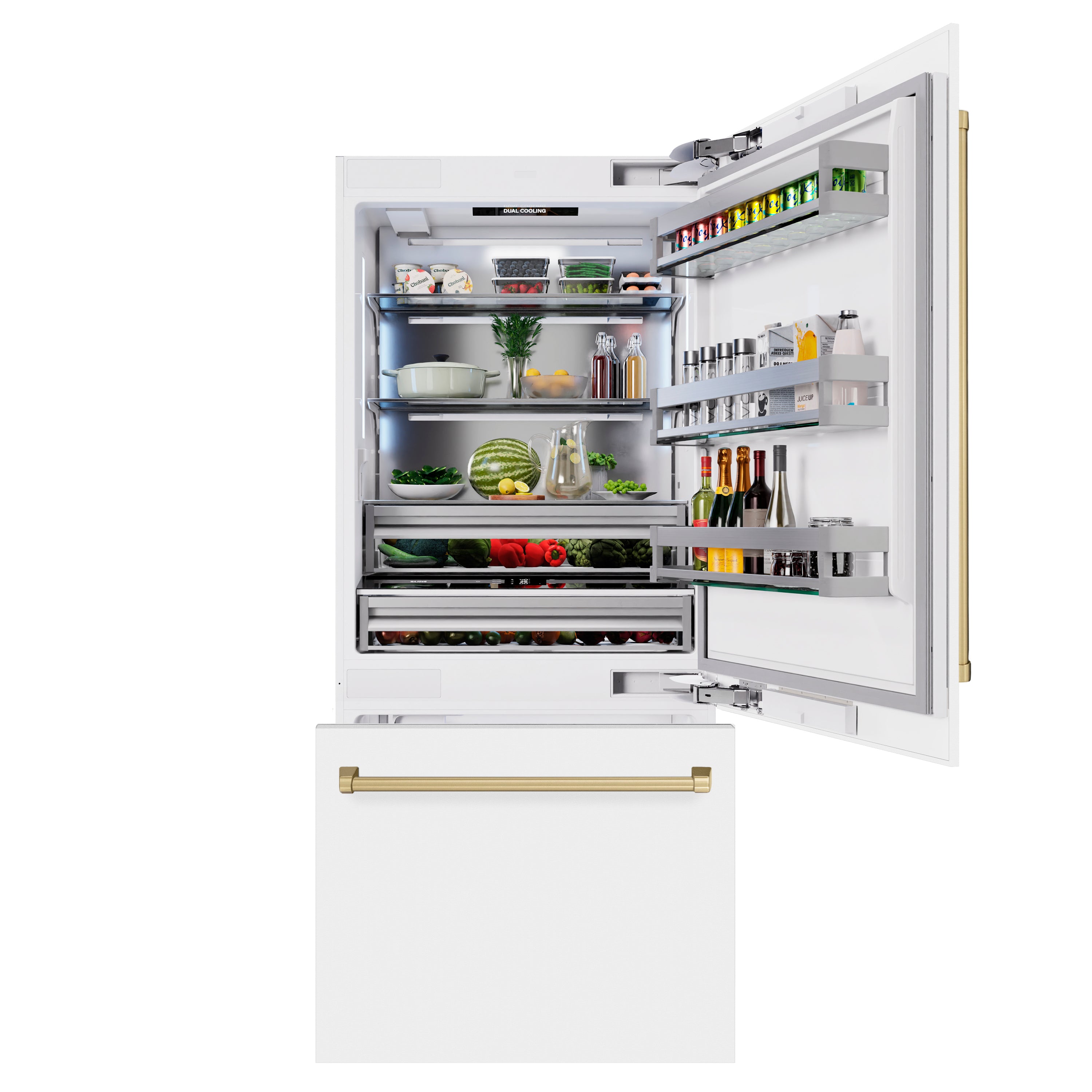 ZLINE 36 in. Built-In Bottom Freezer Refrigerator 19.8 cu. ft. Water Dispenser Ice Maker White Matte Champagne Bronze (RBITZ-WM-36-CB)