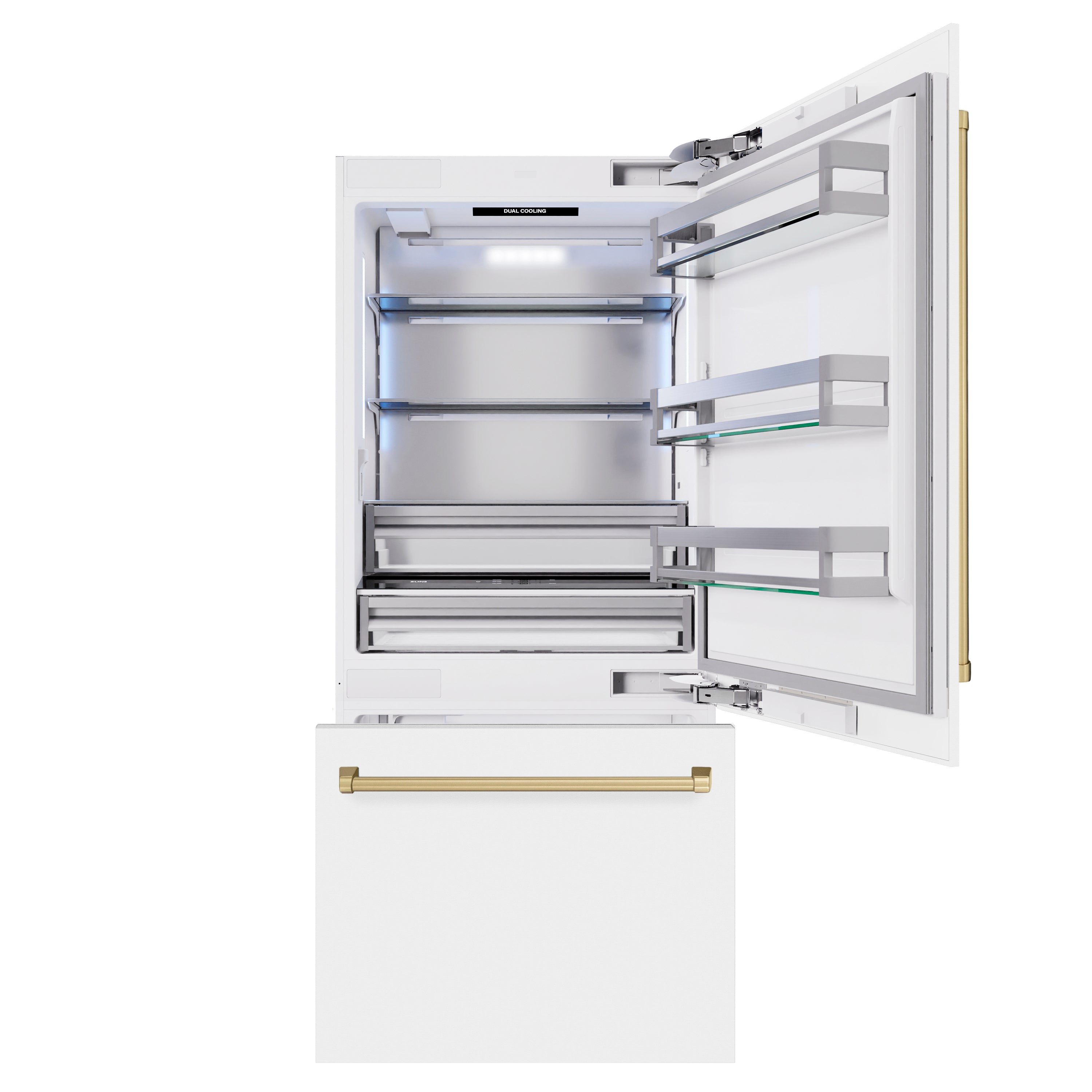 ZLINE 36 in. Built-In Bottom Freezer Refrigerator 19.8 cu. ft. Water Dispenser Ice Maker White Matte Champagne Bronze (RBITZ-WM-36-CB)