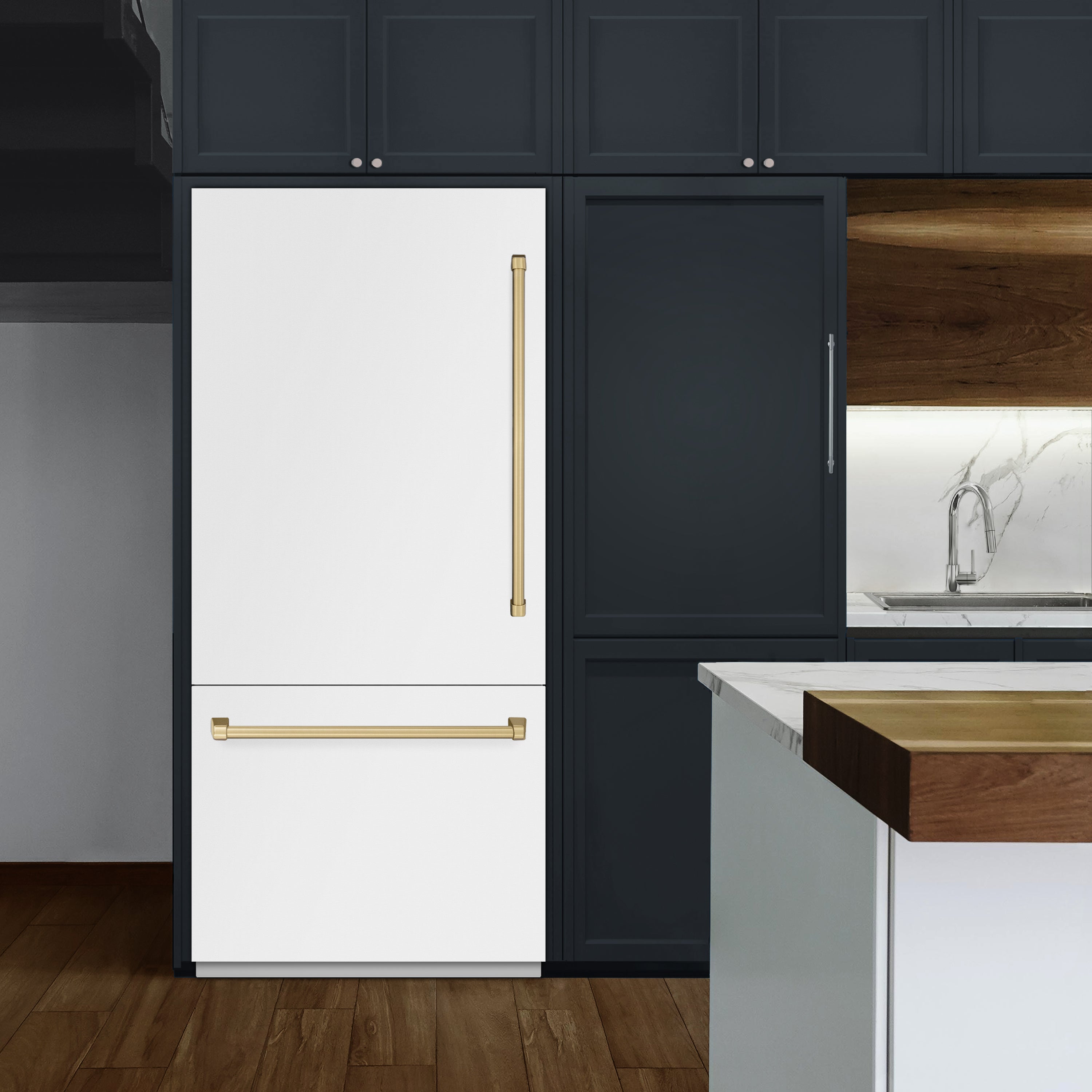 ZLINE 36 in. Built-In Bottom Freezer Refrigerator 19.8 cu. ft. Water Dispenser Ice Maker White Matte Champagne Bronze (RBITZ-WM-36-CB)