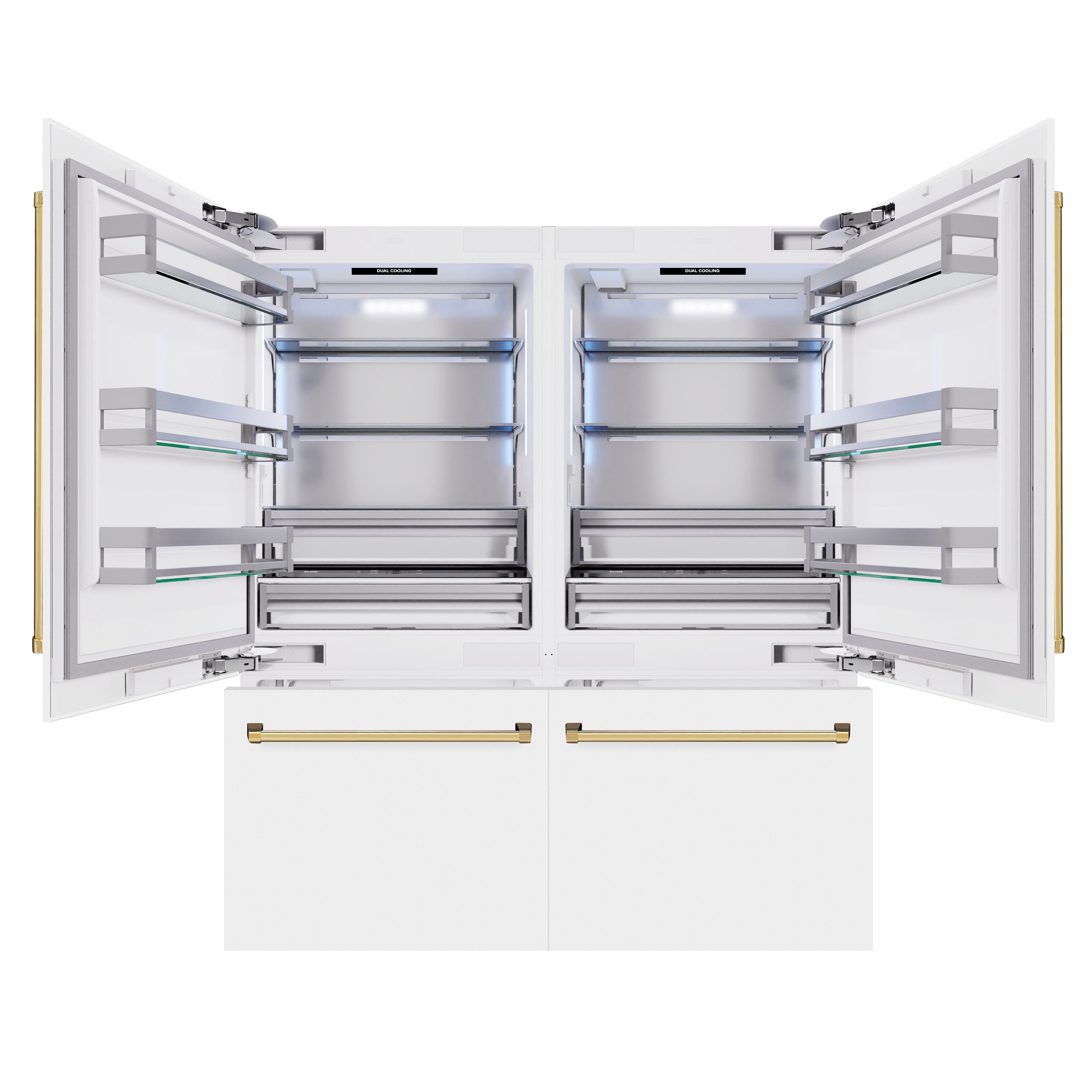 ZLINE 72 in. French Door Built-In Bottom Freezer Refrigerator 39.6 Cu. Ft. White Matte with Water Dispensers, Ice Makers, Polished Gold Accents (RBITZ-WM-72-G)