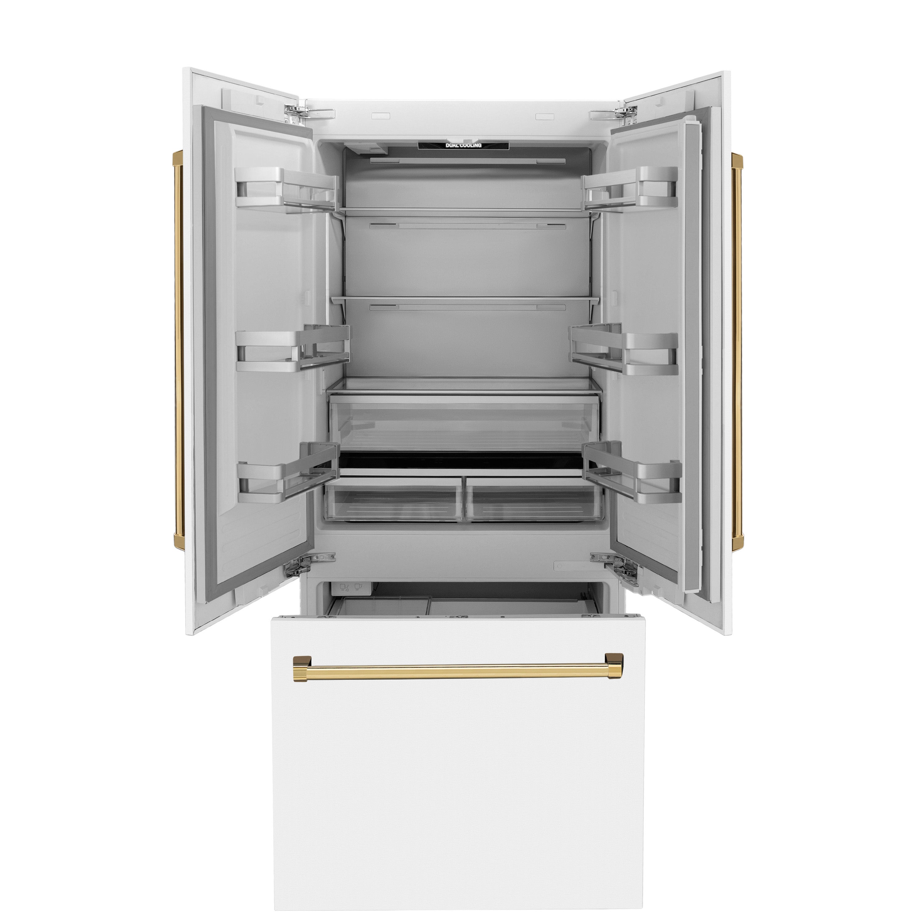 ZLINE 36 in Built-In French Door Refrigerator 19.6 cu. ft Capacity Internal Water & Ice Dispenser White Matte with Gold Accents (RBIVZ-WM-36-G)