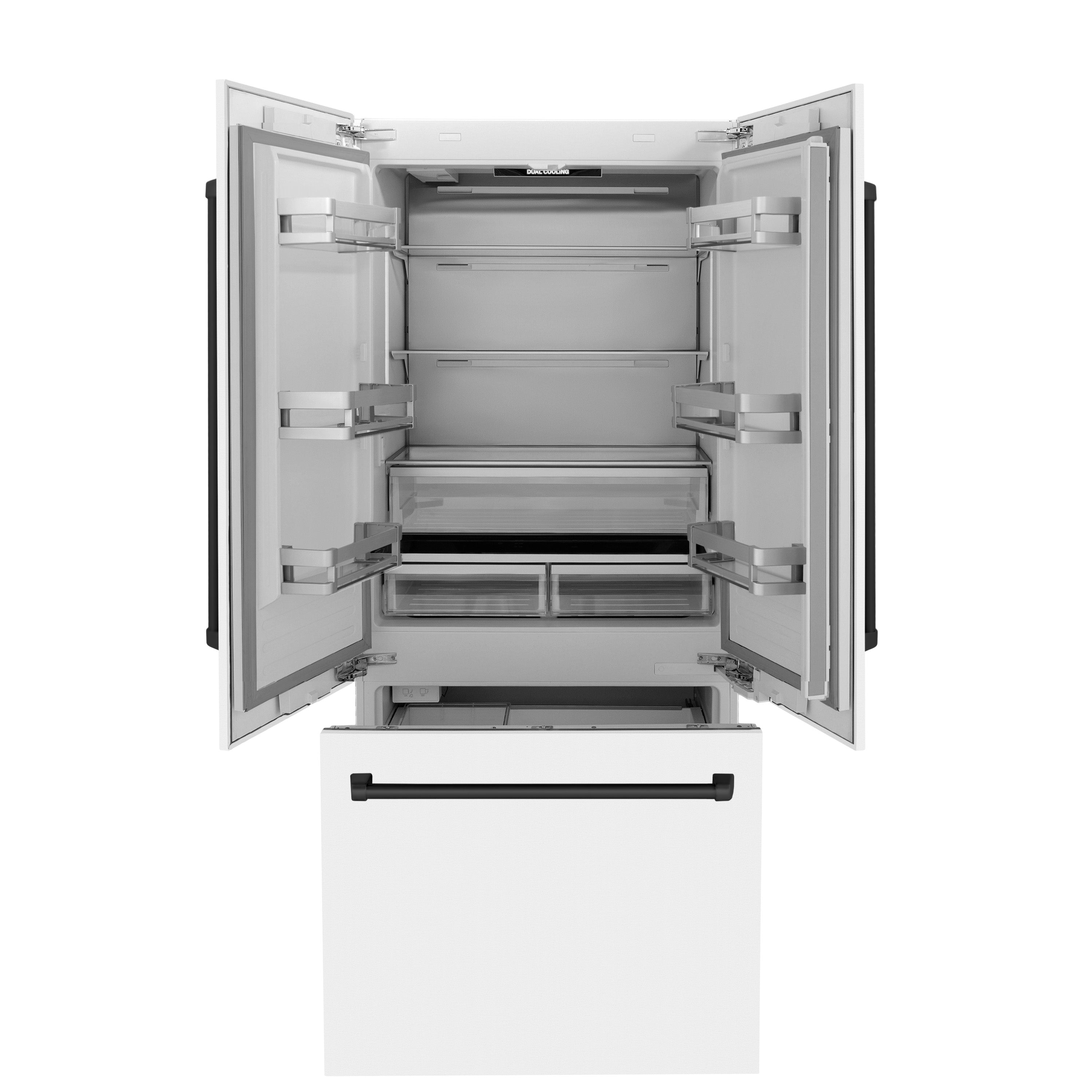 ZLINE 36 Inch Built-In French Door Refrigerator 19.6 Cu. Ft. Internal Water & Ice Dispenser White Matte Black Accents (RBIVZ-WM-36-MB)