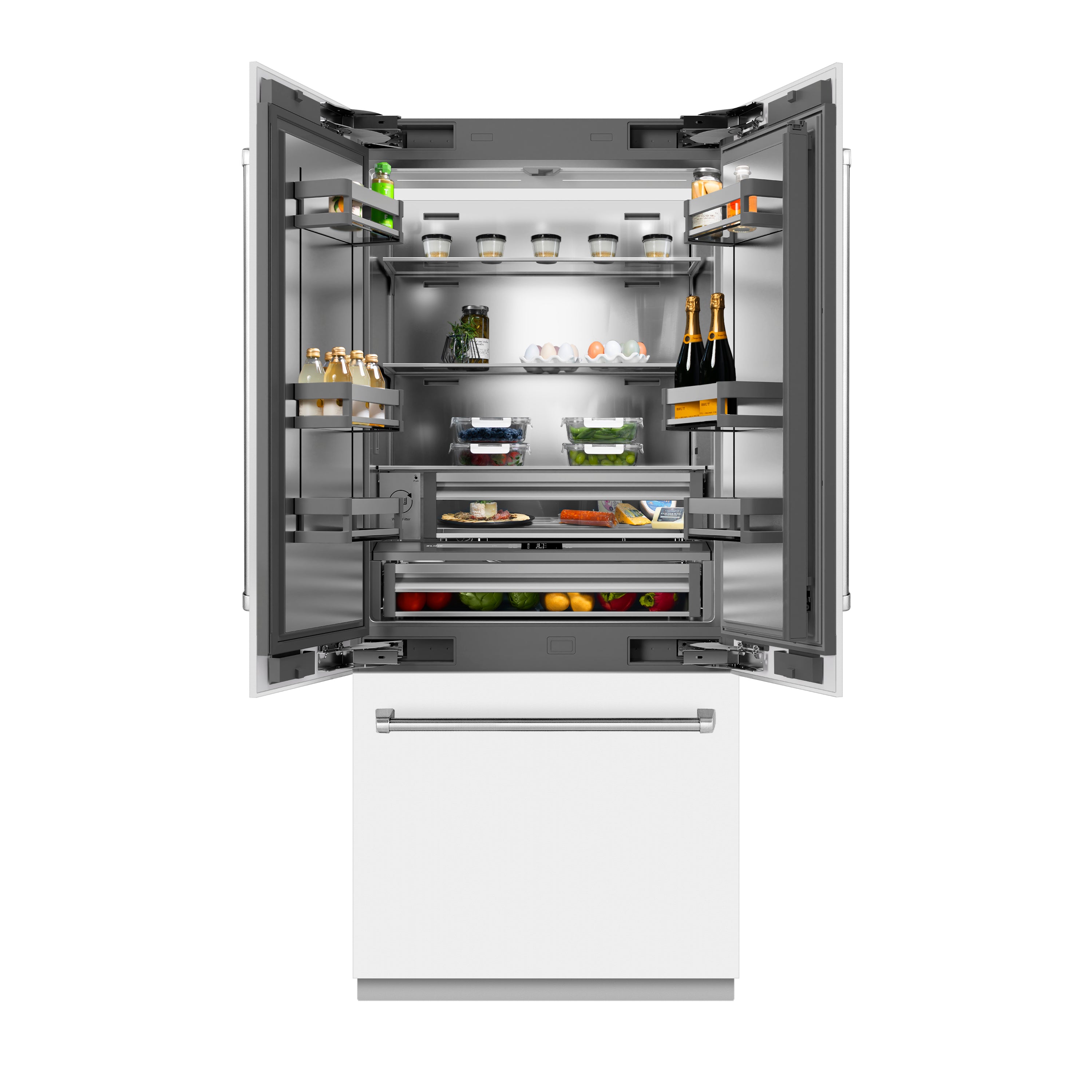 ZLINE 36 in. French Door Built-In Bottom Freezer Refrigerator 19.6 Cu. Ft. with Water Dispenser, Ice Maker, White Matte Finish, Stainless Steel Interior (SRBIV-WM-36)