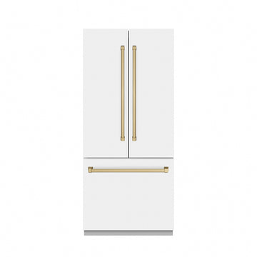 ZLINE 36 in. French Door Built-In Bottom Freezer Refrigerator 19.6 Cu. Ft. Water Dispenser Ice Maker White Matte Stainless Steel Interior Champagne Bronze Accents (SRBIVZ-WM-36-CB)