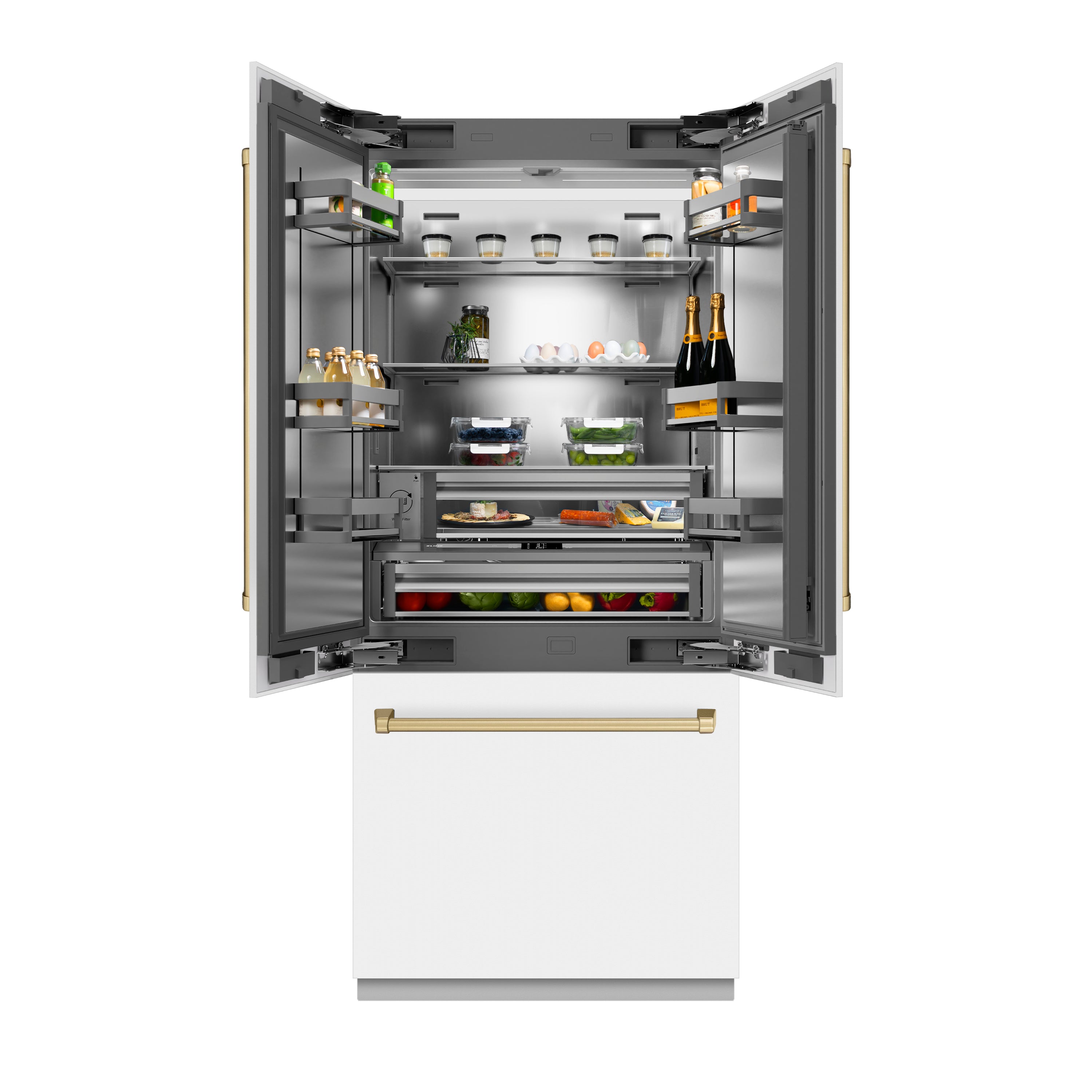 ZLINE 36 in. French Door Built-In Bottom Freezer Refrigerator 19.6 Cu. Ft. Water Dispenser Ice Maker White Matte Stainless Steel Interior Champagne Bronze Accents (SRBIVZ-WM-36-CB)
