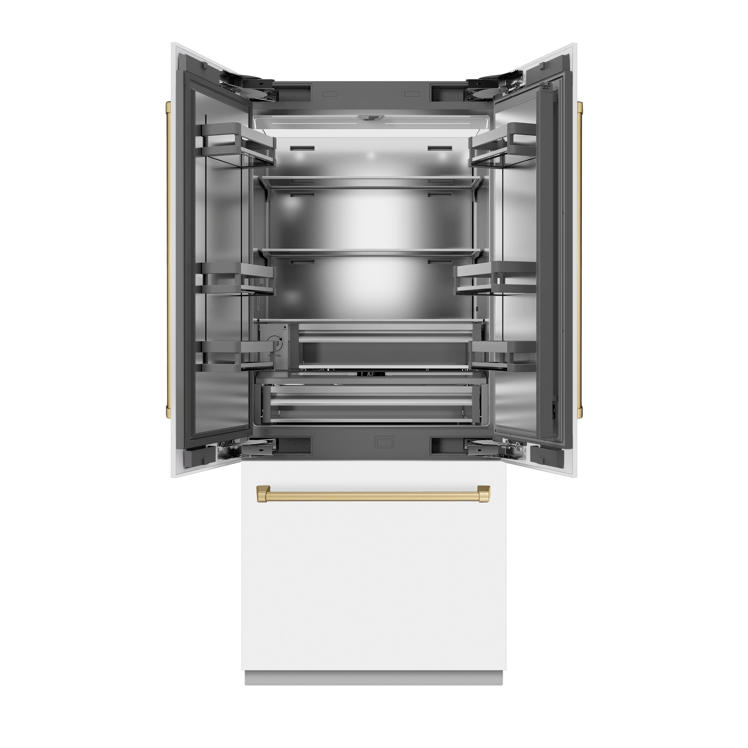 ZLINE 36 in. French Door Built-In Bottom Freezer Refrigerator 19.6 Cu. Ft. Water Dispenser Ice Maker White Matte Stainless Steel Interior Champagne Bronze Accents (SRBIVZ-WM-36-CB)