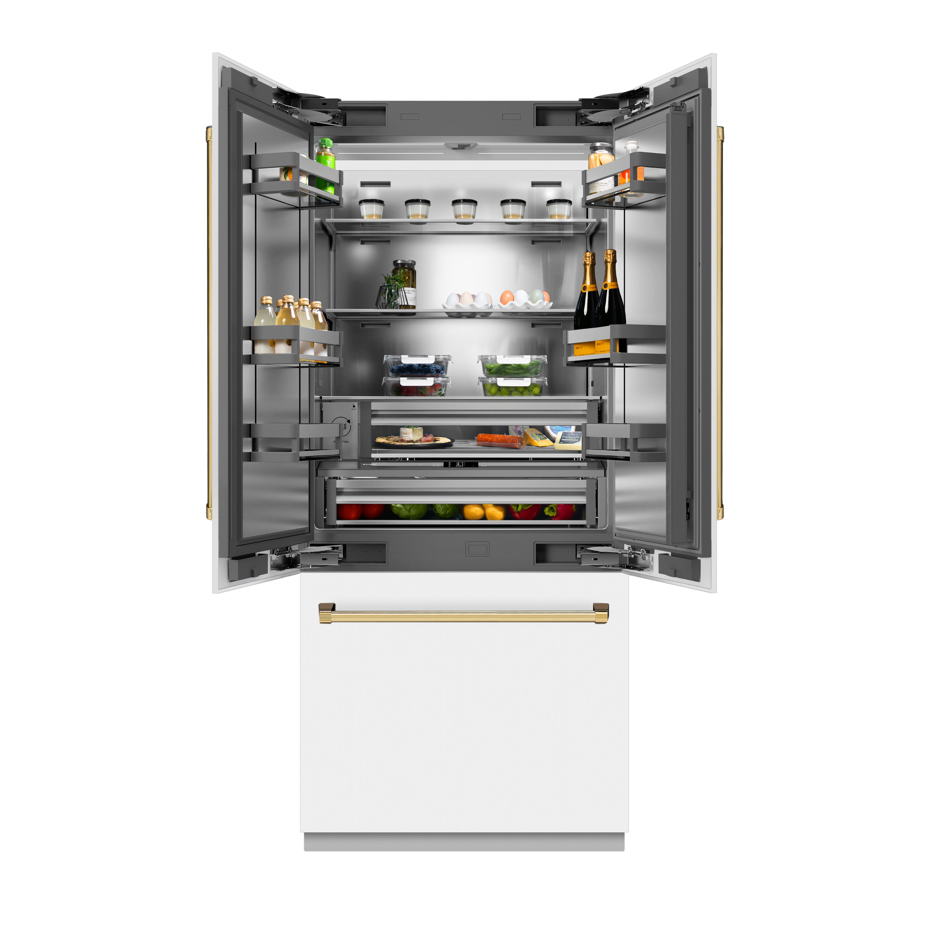 ZLINE 36 in. French Door Built-In Bottom Freezer Refrigerator, 19.6 cu. ft., White Matte, Water Dispenser, Ice Maker, Stainless Steel Interior (SRBIVZ-WM-36-G)