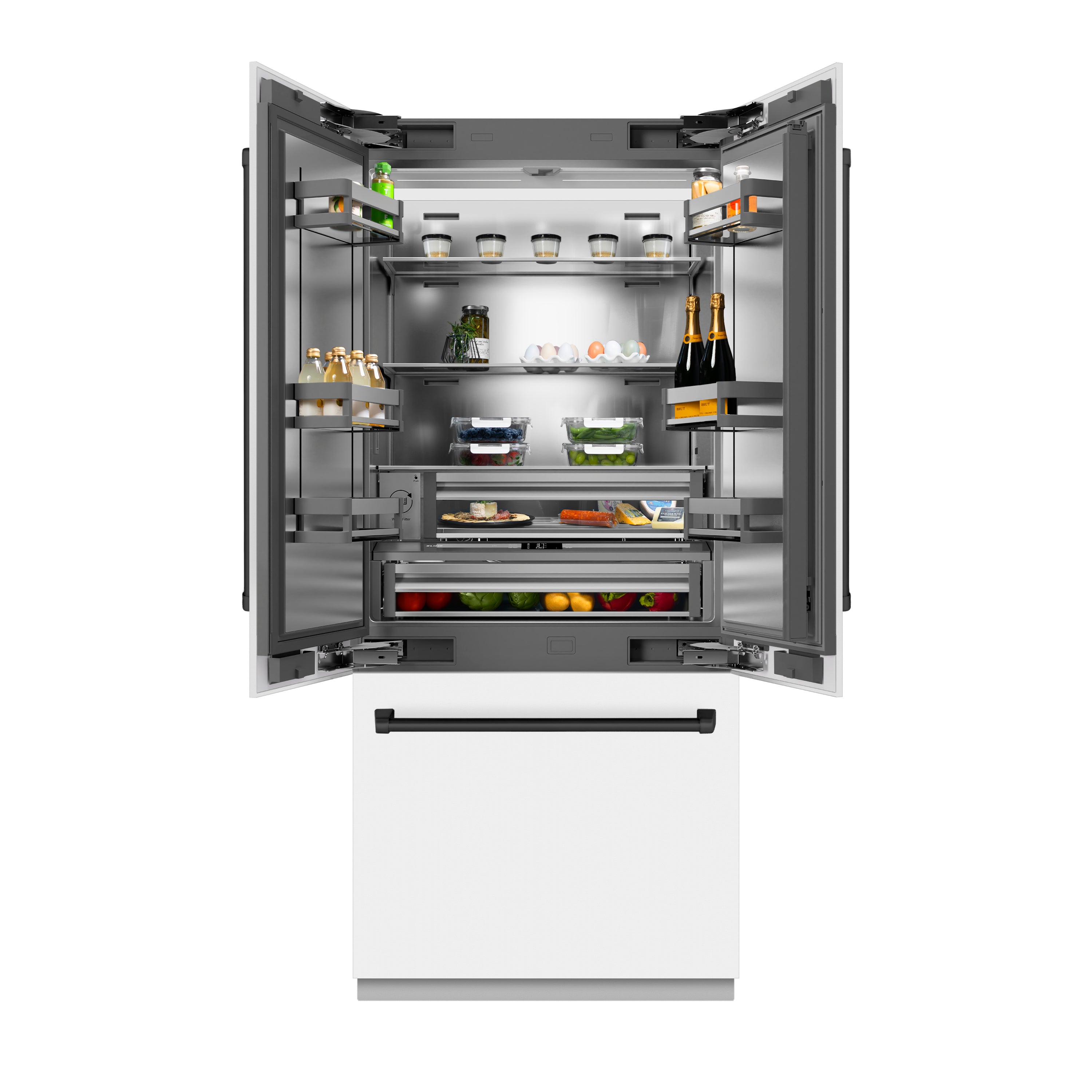 ZLINE 36 in. French Door Built-In Bottom Freezer Refrigerator 19.6 Cu. Ft. Water Dispenser Ice Maker White Matte Stainless Steel Interior Matte Black Accents (SRBIVZ-WM-36-MB)