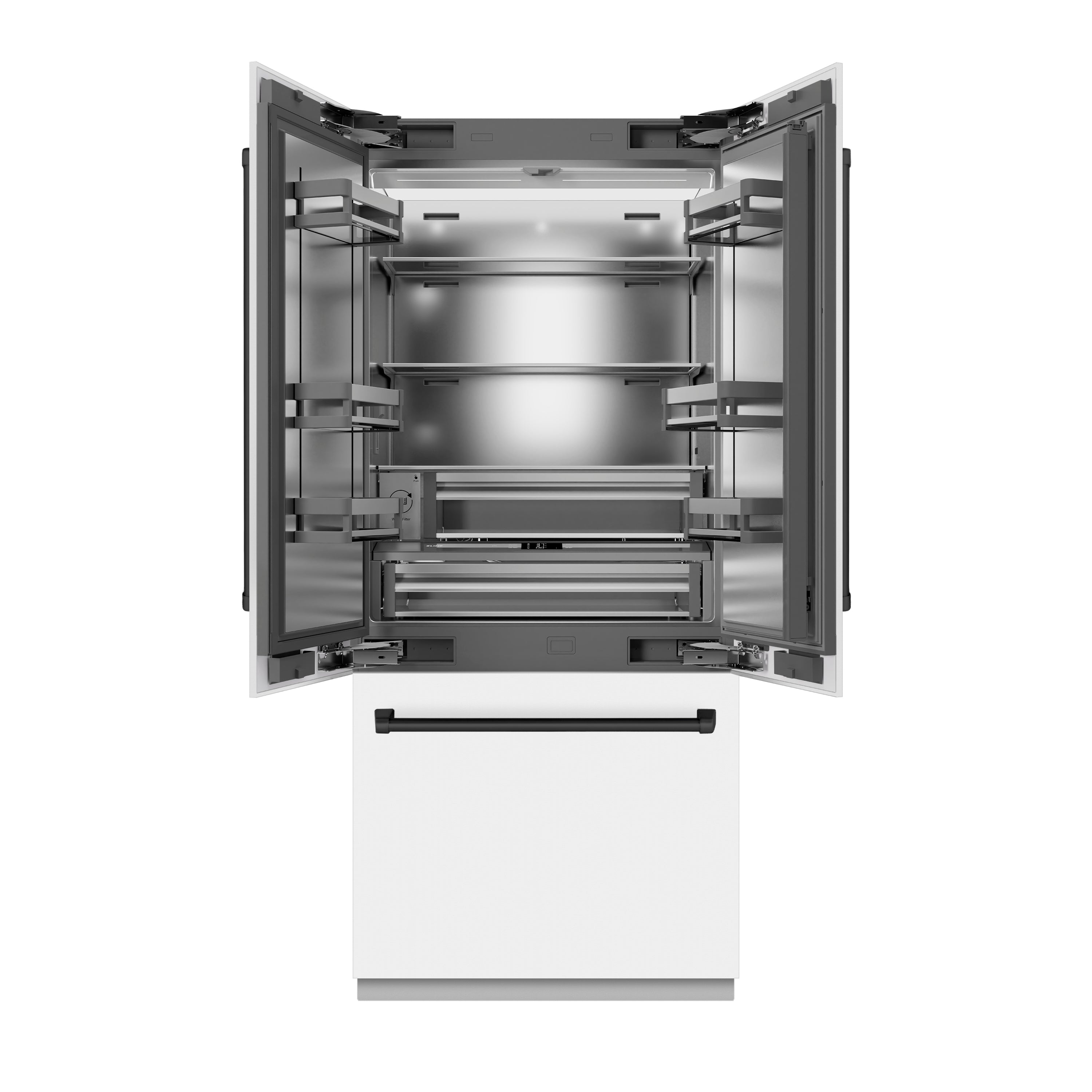 ZLINE 36 in. French Door Built-In Bottom Freezer Refrigerator 19.6 Cu. Ft. Water Dispenser Ice Maker White Matte Stainless Steel Interior Matte Black Accents (SRBIVZ-WM-36-MB)