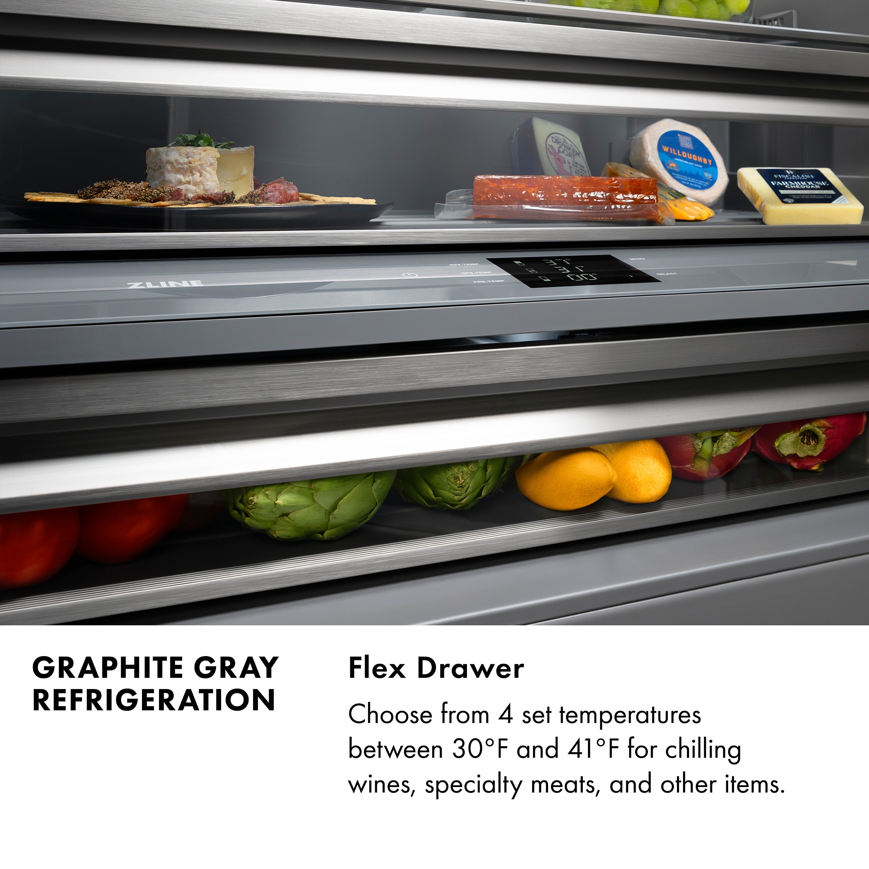 ZLINE 30 in. Built-In Bottom Freezer Refrigerator, 16.1 cu. ft., Water Dispenser, Ice Maker, Black Stainless Steel, Graphite Gray Interior, Champagne Bronze Helix Handles (GRBIVZ-BS30KCB)