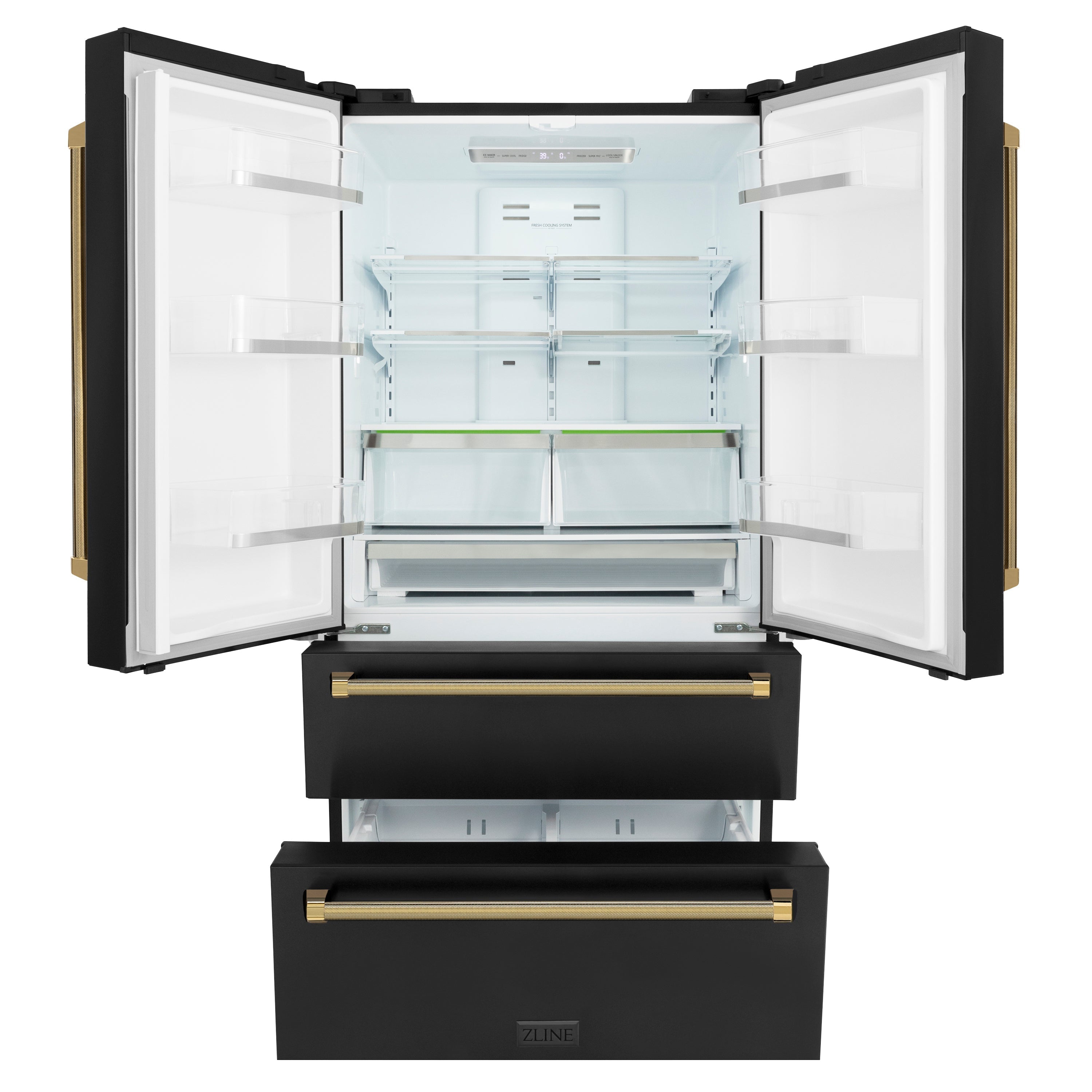 ZLINE 36 in. French Door Refrigerator 22.5 cu. ft. Counter-Depth, Ice Maker, Fingerprint-Resistant Black Stainless Steel, Polished Gold Helix Handles (RFMZ-36-BS-KG)