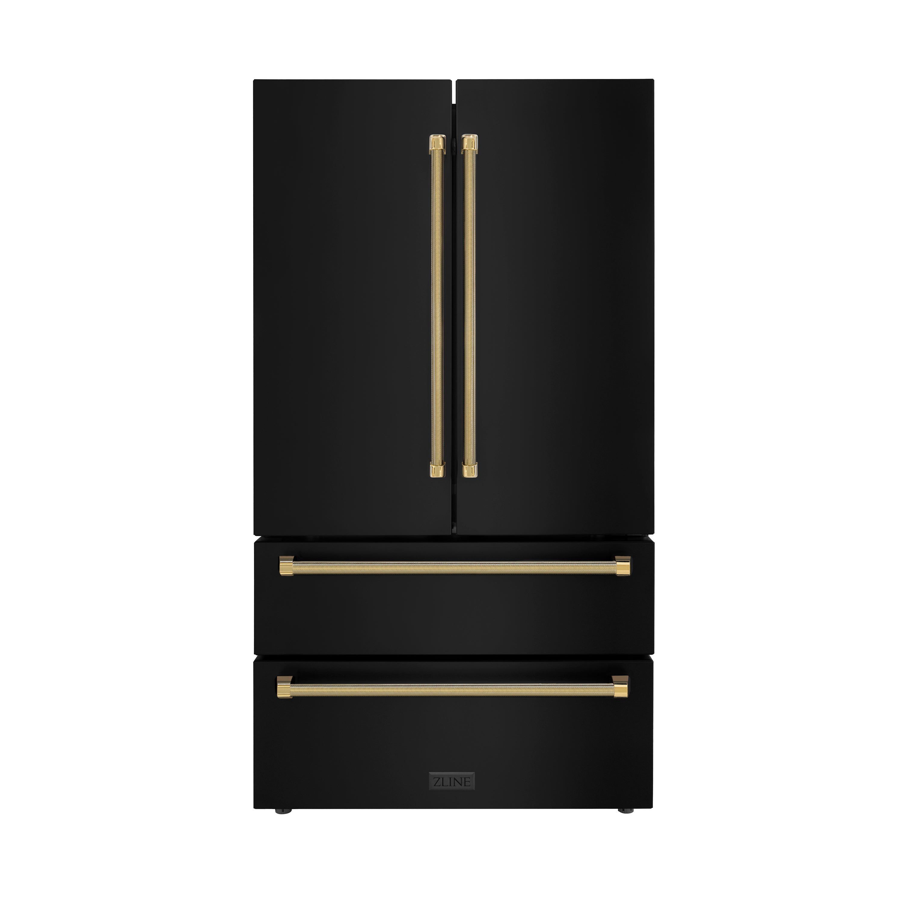 ZLINE 36 in. French Door Refrigerator 22.5 cu. ft. Counter-Depth, Ice Maker, Fingerprint-Resistant Black Stainless Steel, Polished Gold Helix Handles (RFMZ-36-BS-KG)