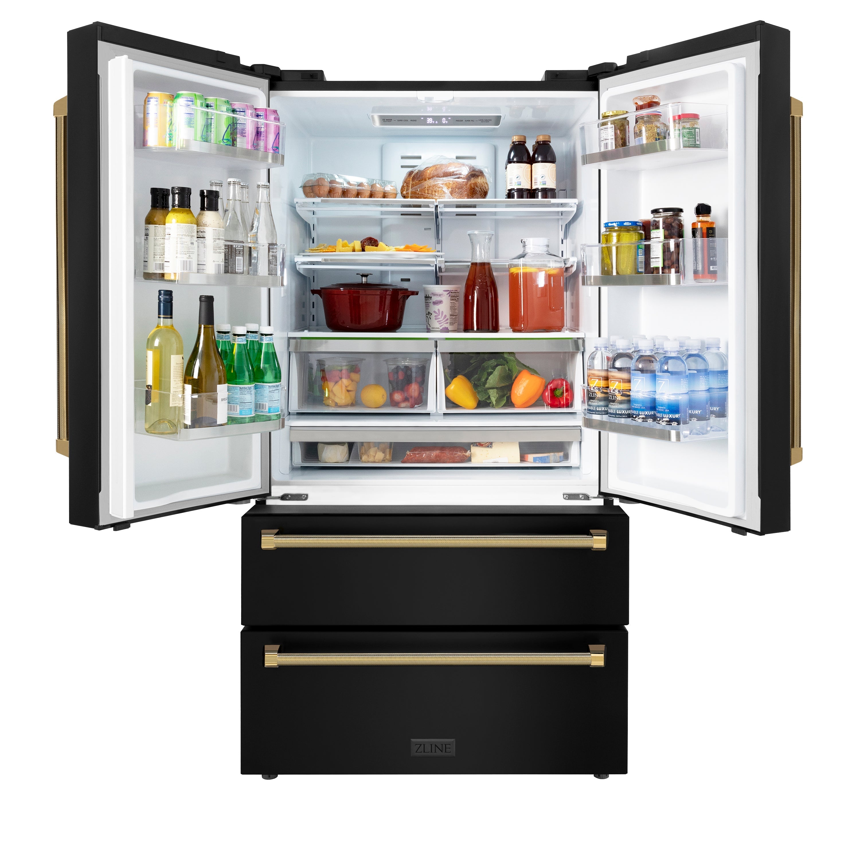 ZLINE 36 in. French Door Refrigerator 22.5 cu. ft. Counter-Depth, Ice Maker, Fingerprint-Resistant Black Stainless Steel, Polished Gold Helix Handles (RFMZ-36-BS-KG)