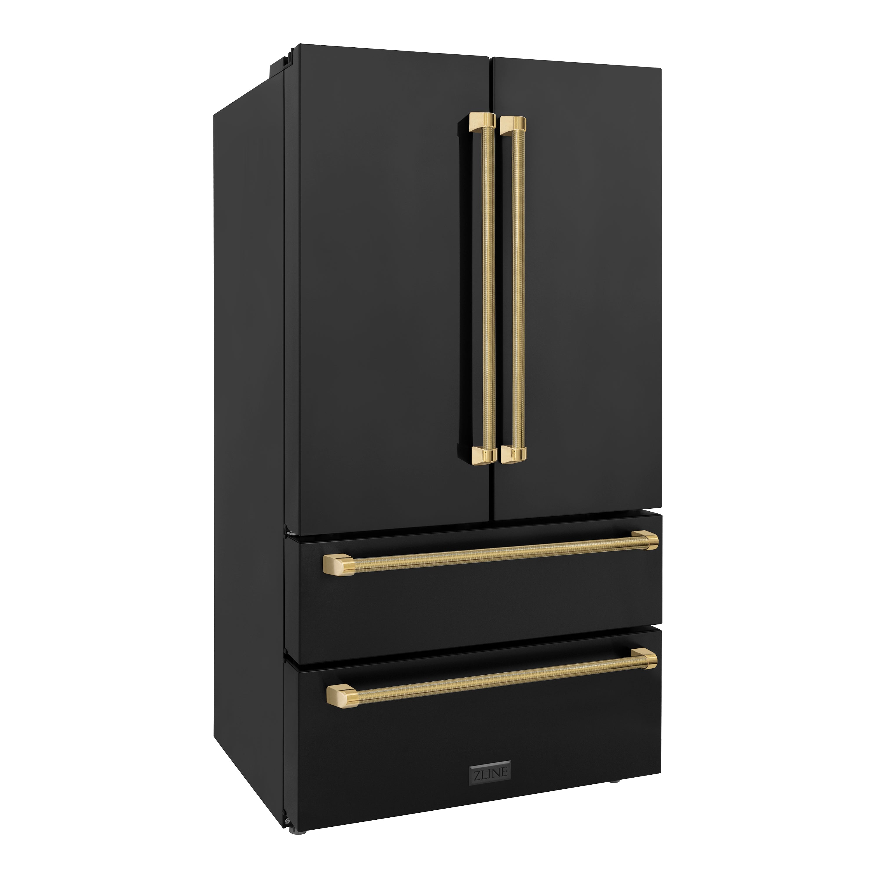 ZLINE 36 in. French Door Refrigerator 22.5 cu. ft. Counter-Depth, Ice Maker, Fingerprint-Resistant Black Stainless Steel, Polished Gold Helix Handles (RFMZ-36-BS-KG)