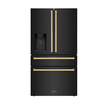 ZLINE 36 Inch Freestanding French Door Refrigerator with Water & Ice Dispenser, Black Stainless Steel, Gold Handles (RFMZ-W-36-BS-G)