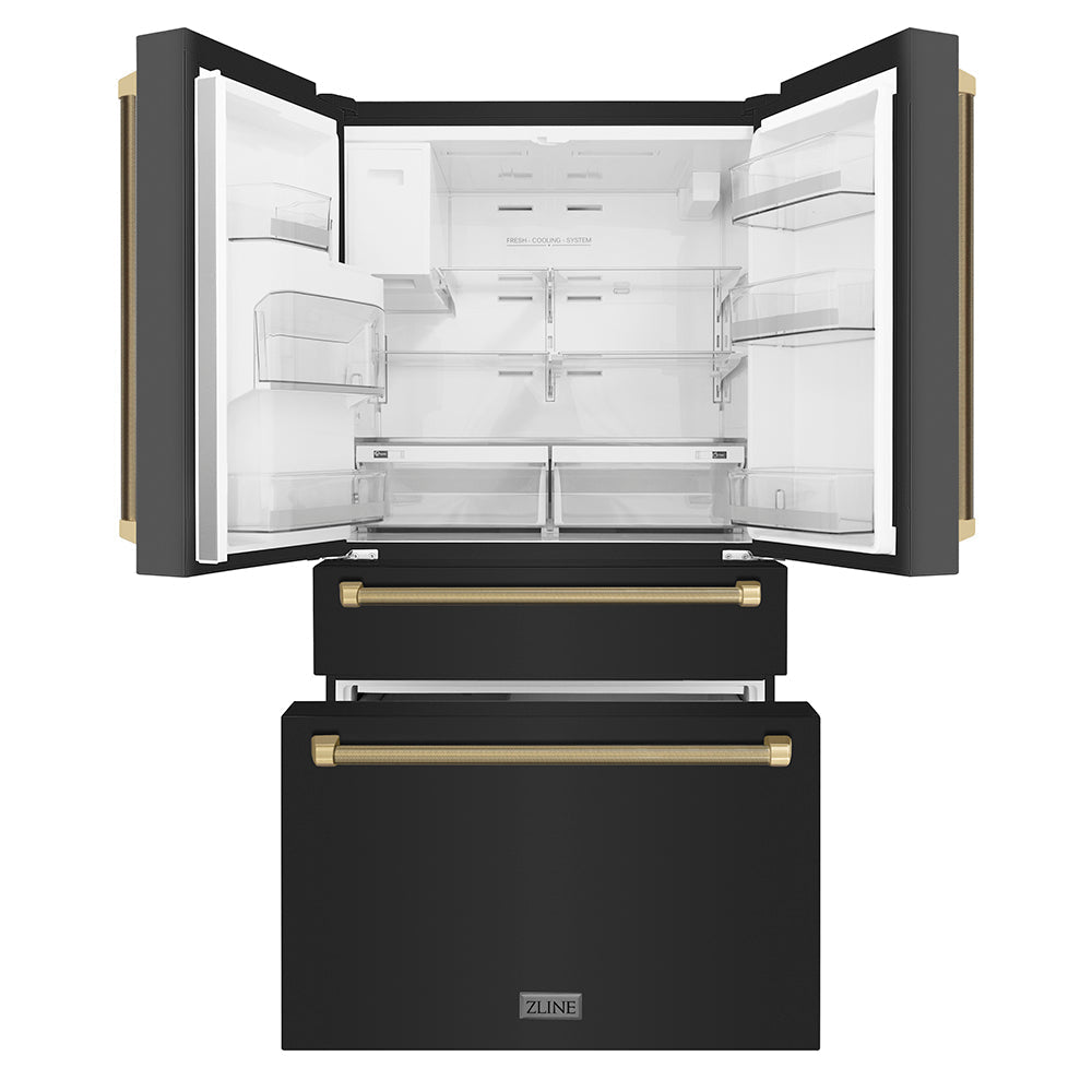 ZLINE 36 in. Counter-Depth French Door Refrigerator 21.6 cu. ft. Water and Ice Dispenser Fingerprint-Resistant Black Stainless Steel Champagne Bronze Helix Handles (RFMZ-W36-BS-KCB)