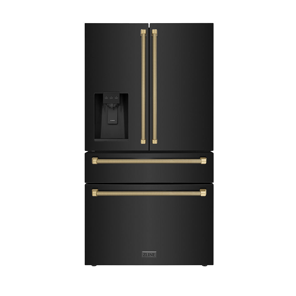 ZLINE 36 in. Counter-Depth French Door Refrigerator 21.6 cu. ft. Water and Ice Dispenser Fingerprint-Resistant Black Stainless Steel Champagne Bronze Helix Handles (RFMZ-W36-BS-KCB)