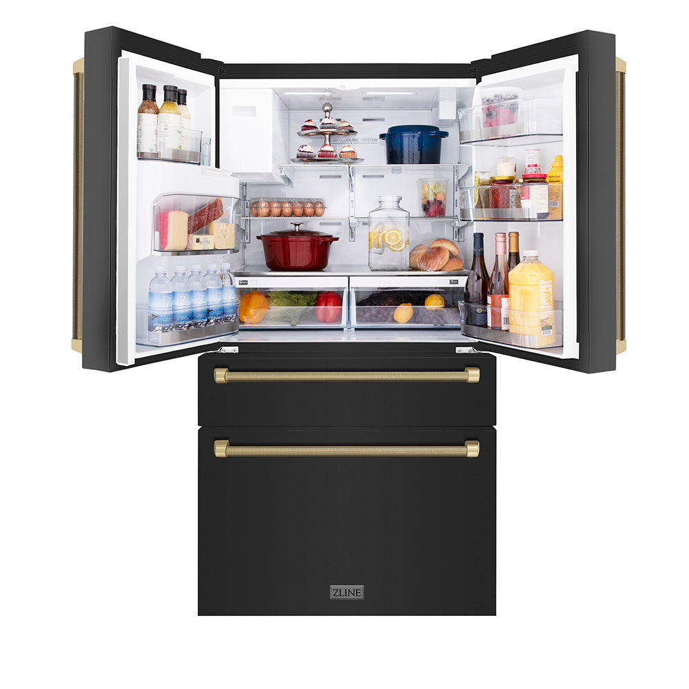 ZLINE 36 in. Counter-Depth French Door Refrigerator 21.6 cu. ft. Water and Ice Dispenser Fingerprint-Resistant Black Stainless Steel Champagne Bronze Helix Handles (RFMZ-W36-BS-KCB)